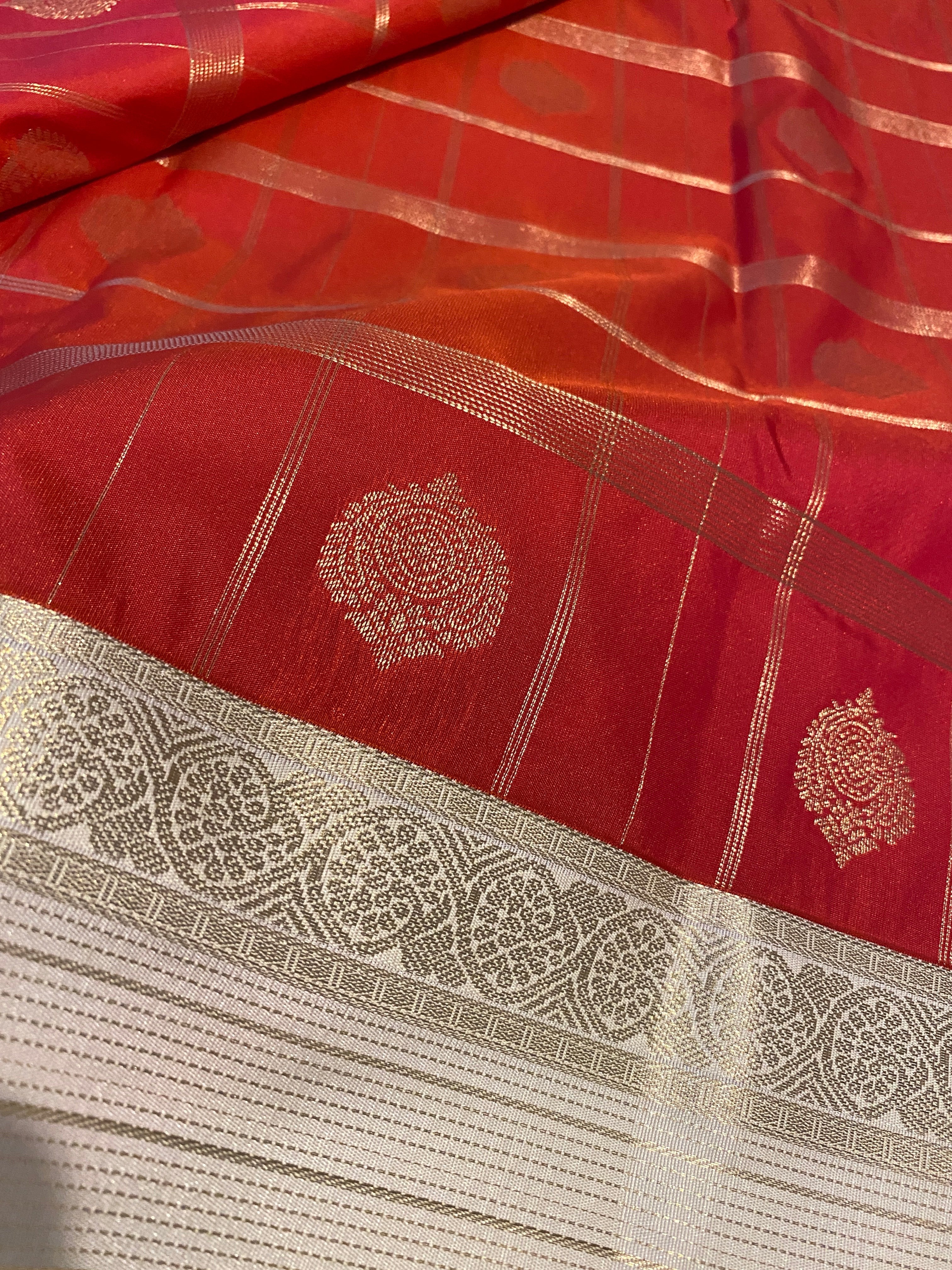 Semi-Kanchipuram Silk Saree in Red with Off-White Pallu & Gold Zari Border