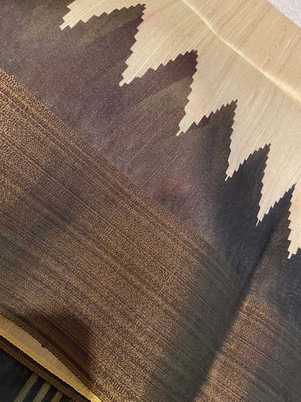 Cream Semi-Jute Tussar Saree with Ganga Jamuna Temple Border