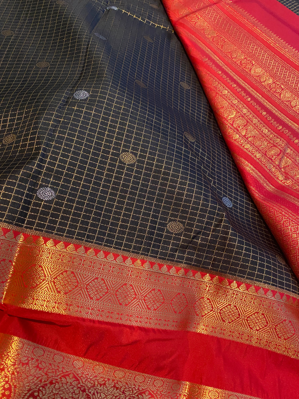 Premium Black & Red Semi-Kanchipuram Silk Saree with Gold Zari