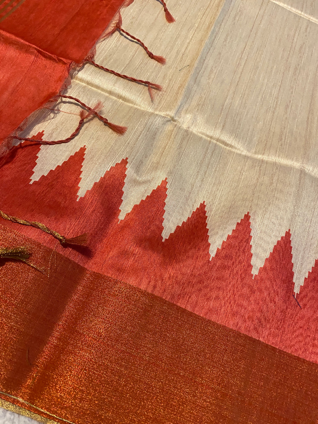 Cream Semi-Jute Tussar Saree with Ganga Jamuna Temple Border