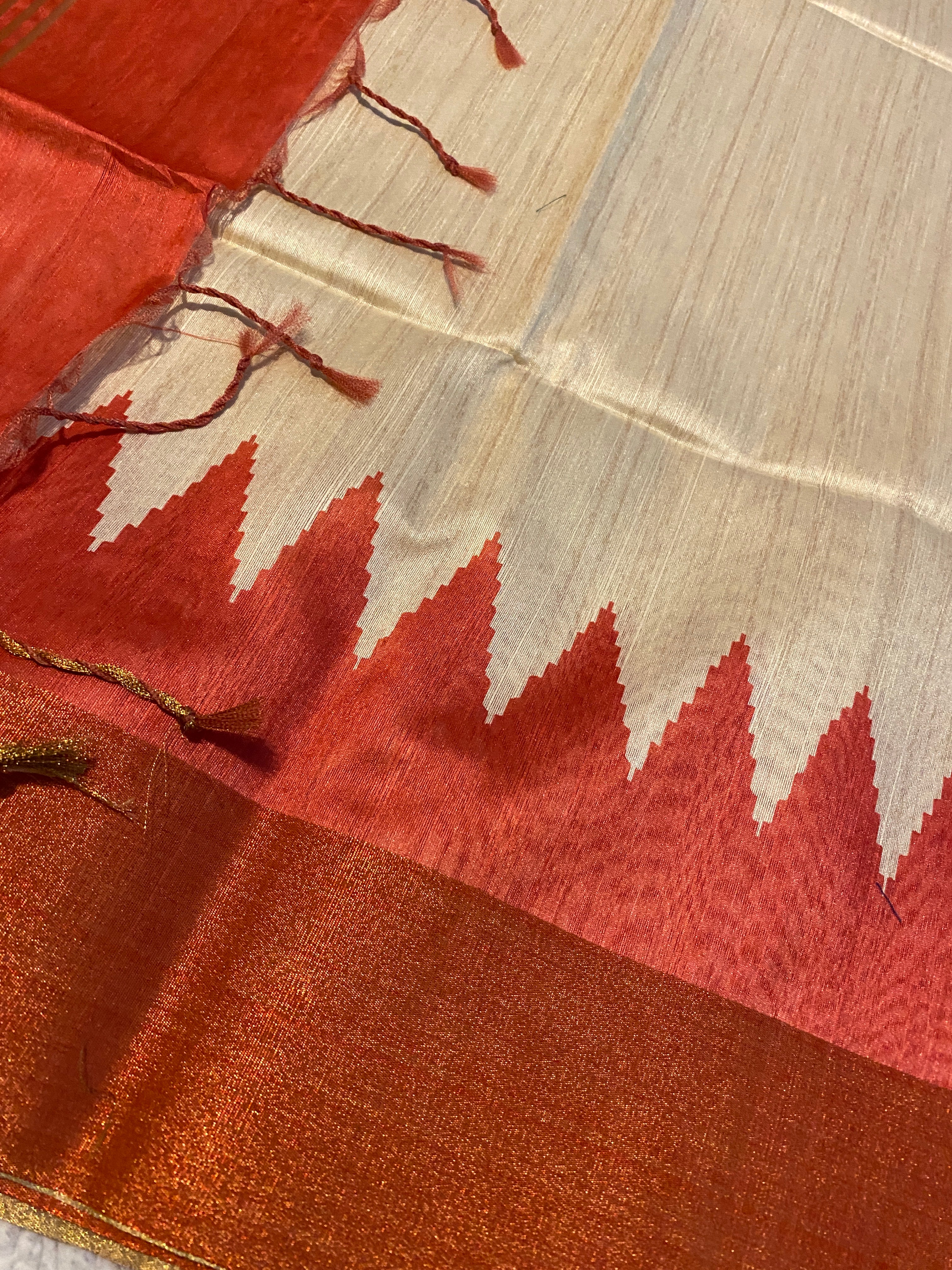 Cream Semi-Jute Tussar Saree with Ganga Jamuna Temple Border