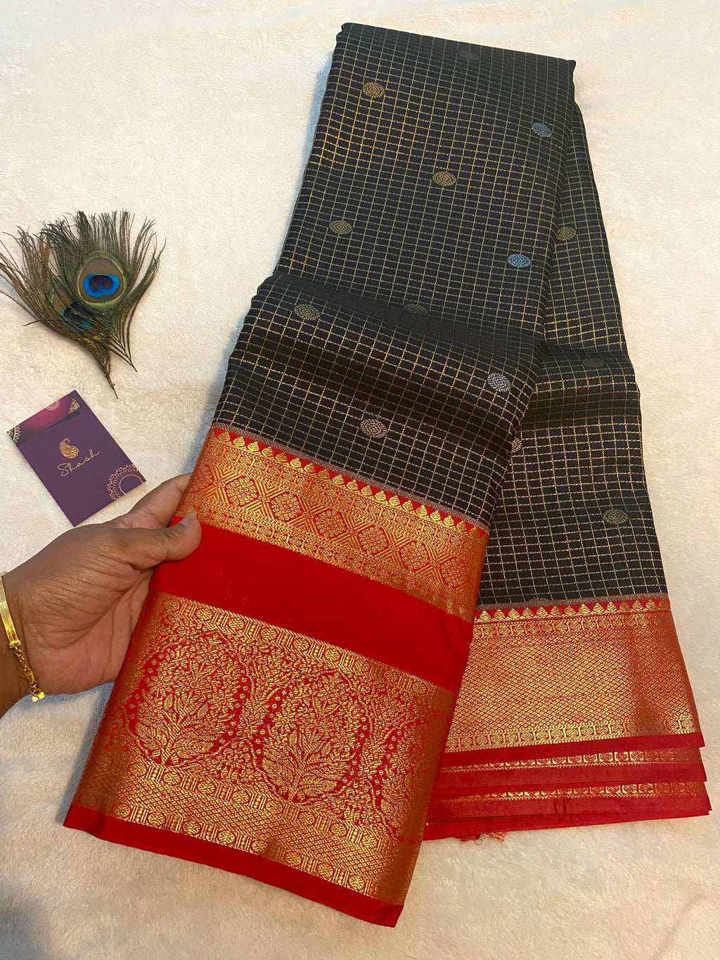 Premium Black & Red Semi-Kanchipuram Silk Saree with Gold Zari