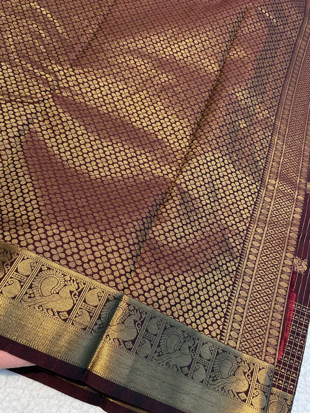 Coffee Maroon & Antique Gold Semi-Kanchipuram Silk Saree with Peacock Border