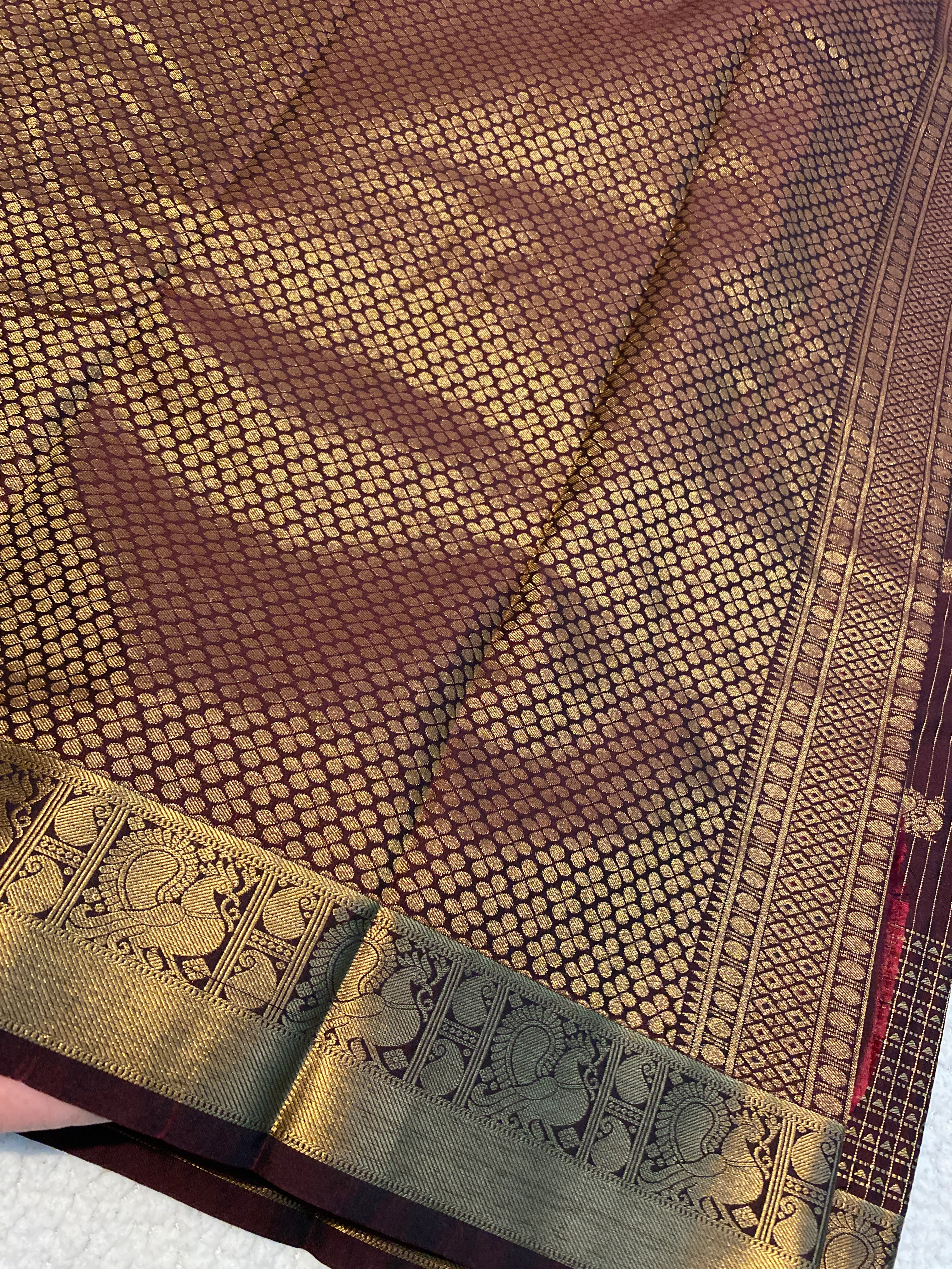 Coffee Maroon & Antique Gold Semi-Kanchipuram Silk Saree with Peacock Border