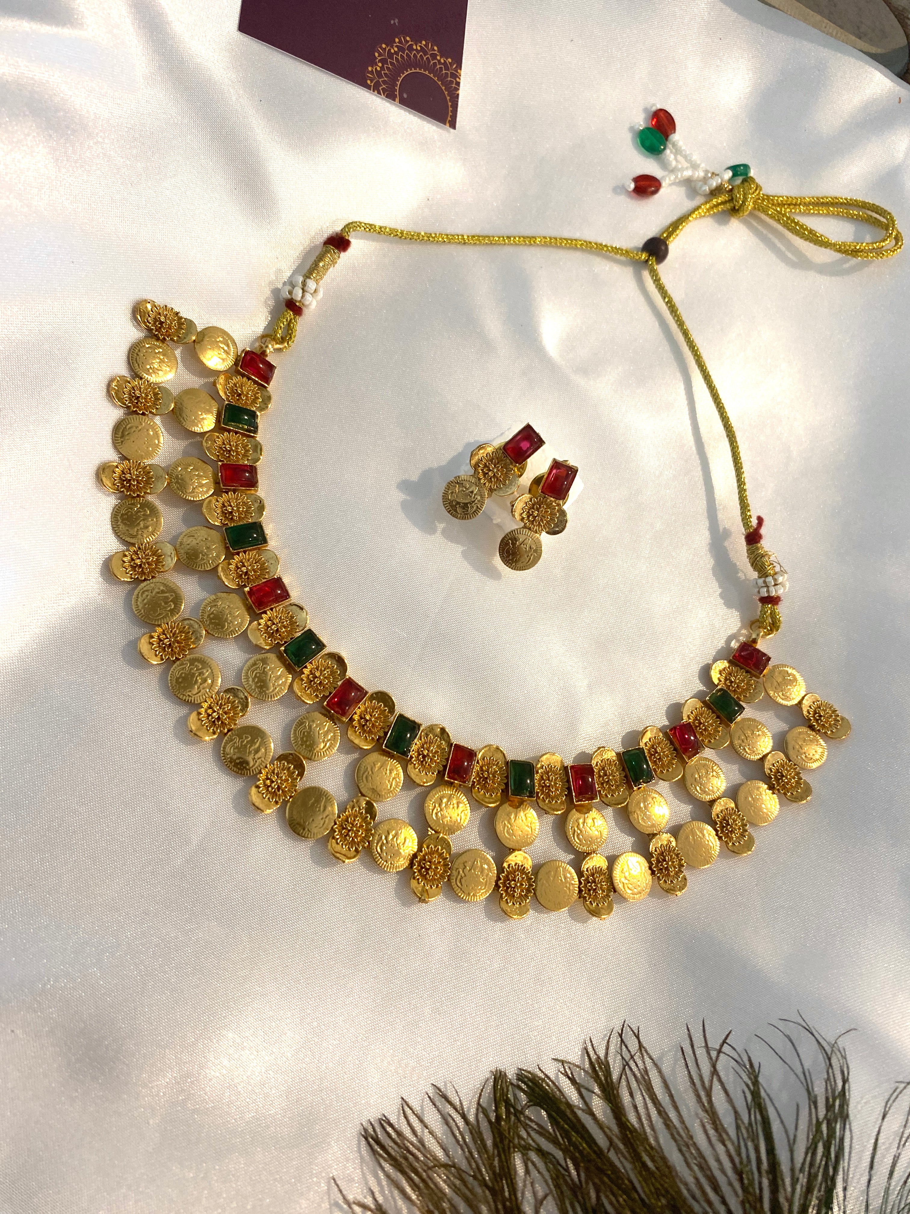 Matte Coin & Multi-Stone Necklace Set