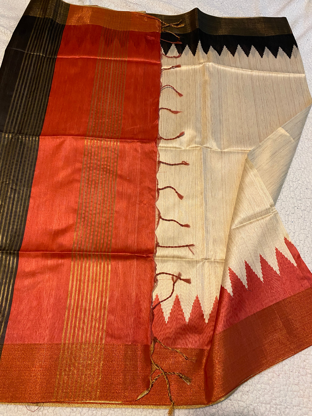 Cream Semi-Jute Tussar Saree with Ganga Jamuna Temple Border