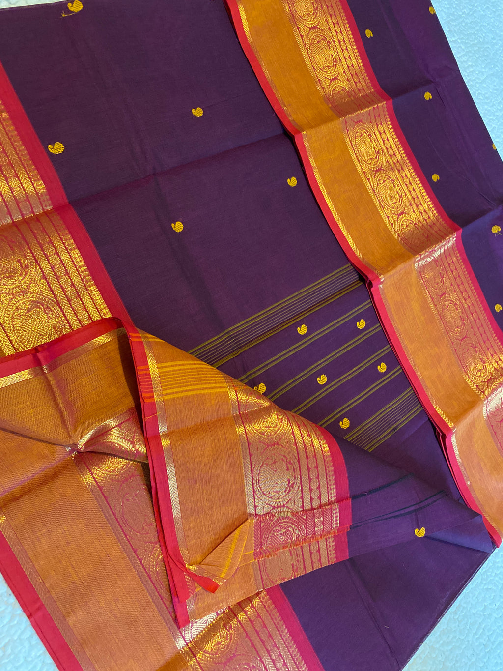 Purple Pure Kanchi Cotton Saree with Contrast Orange Border