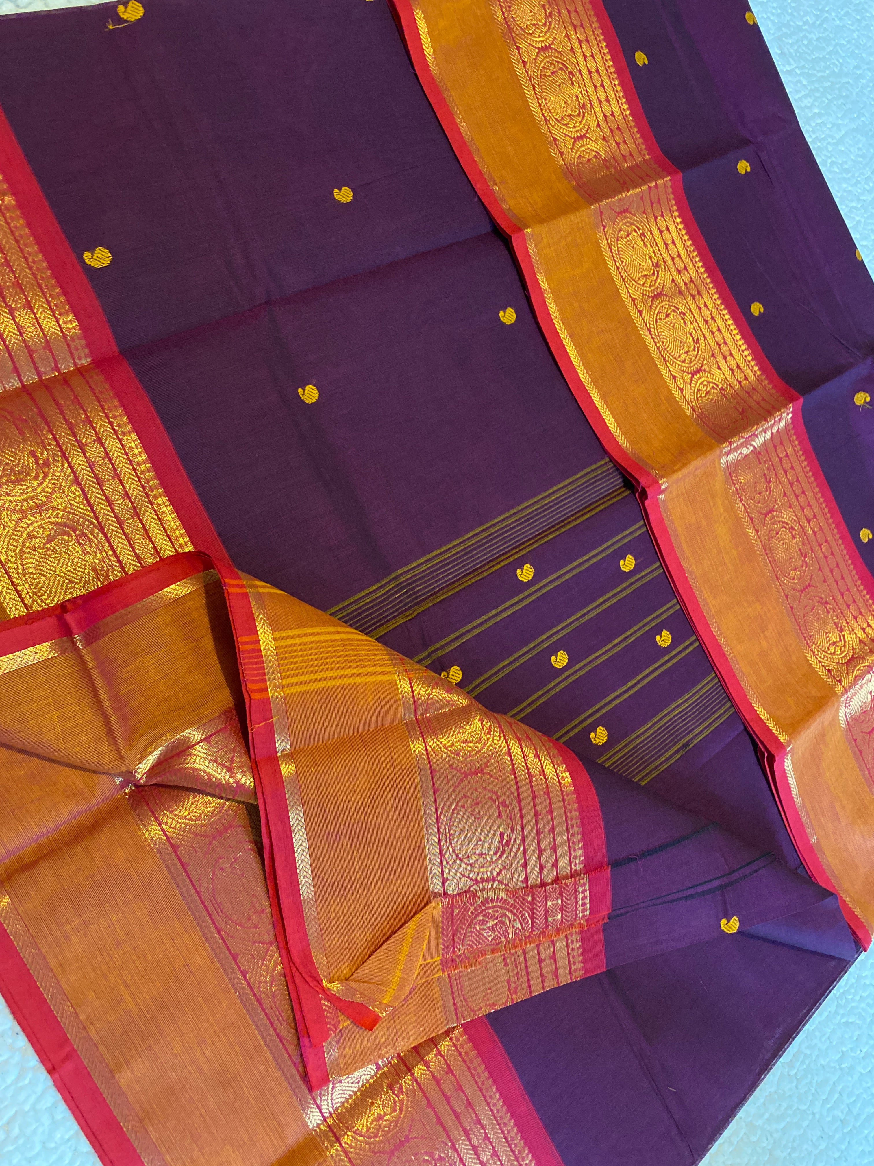 Purple Pure Kanchi Cotton Saree with Contrast Orange Border