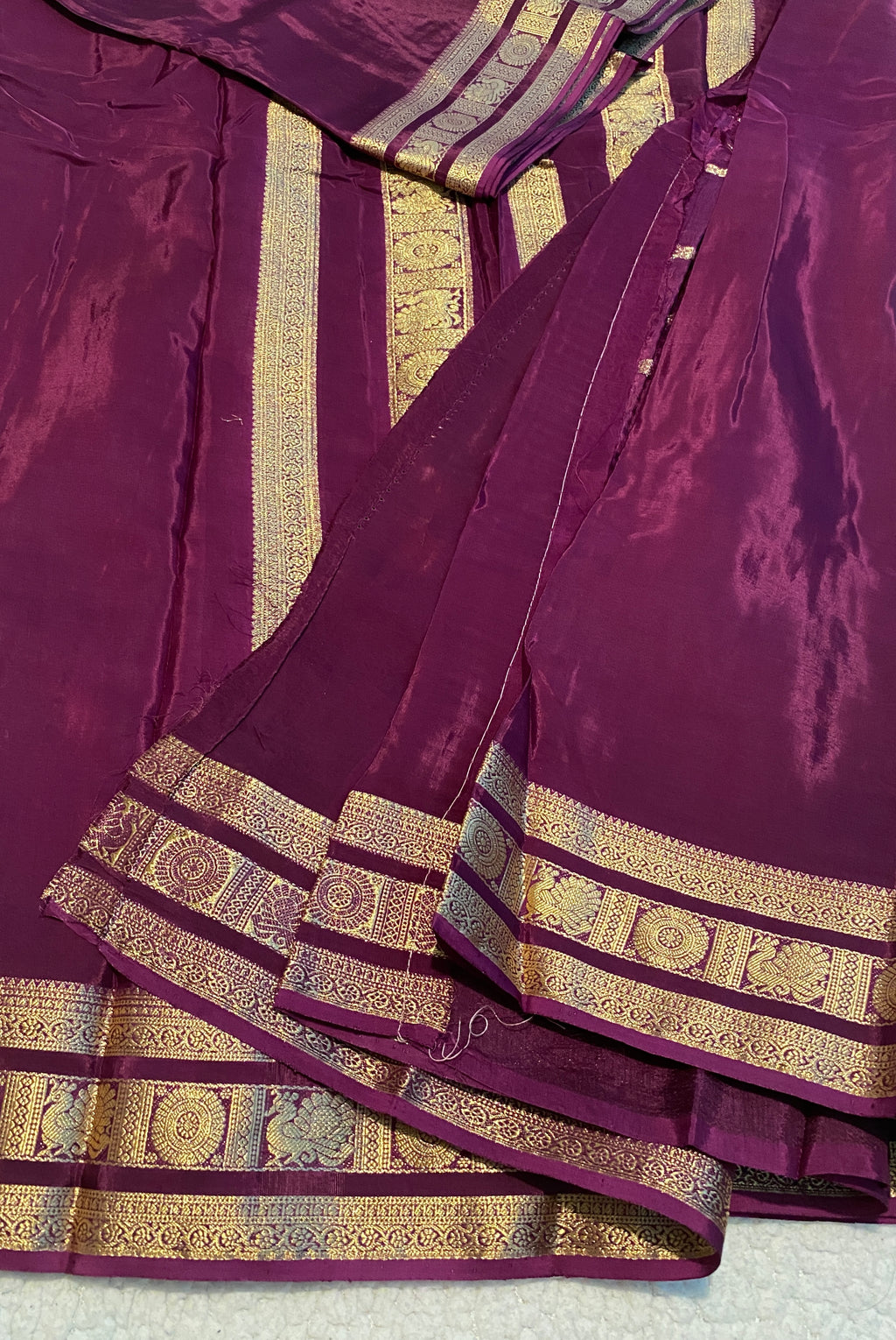 Purple Satin Crepe Saree with Traditional Gold Zari Border