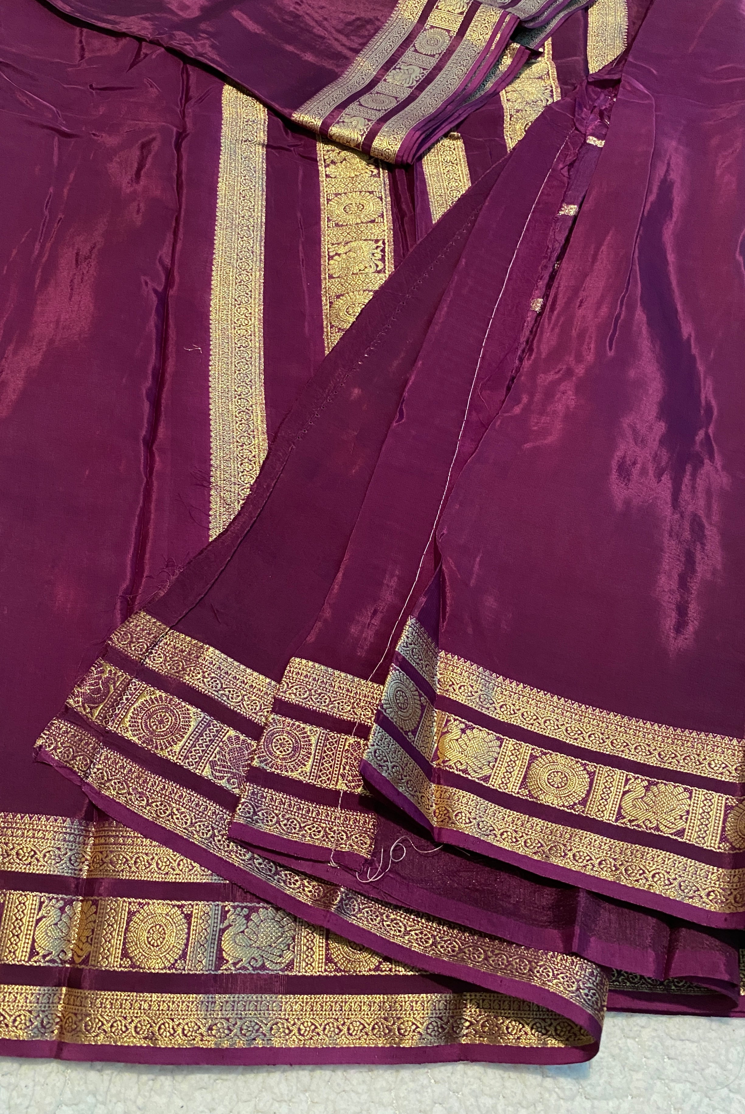 Purple Satin Crepe Saree with Traditional Gold Zari Border