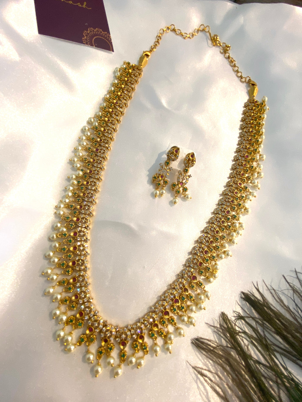 Multi-Color stones with Pearl Haram Set | Antique Gold Long Necklace