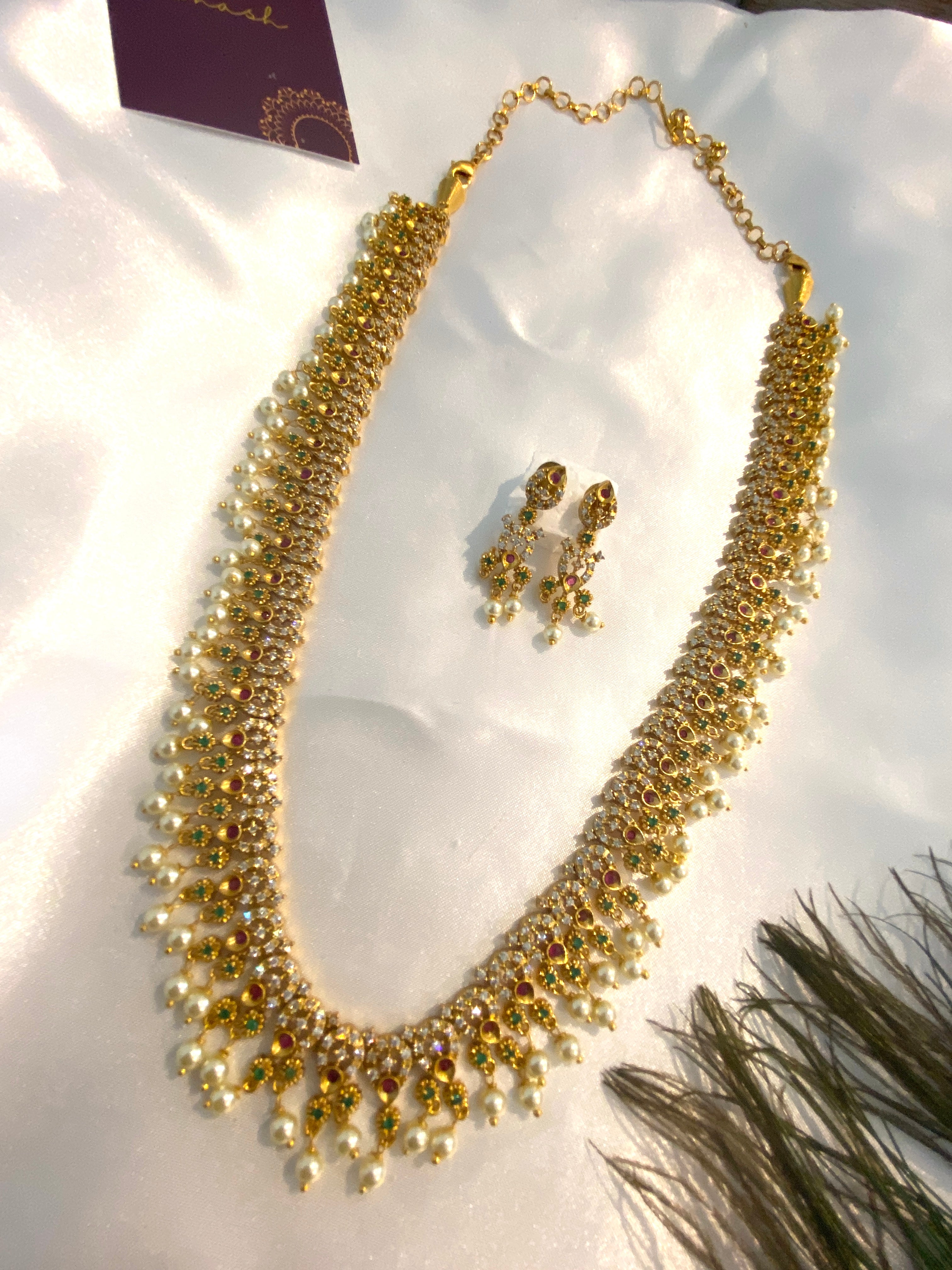 Multi-Color stones with Pearl Haram Set | Antique Gold Long Necklace