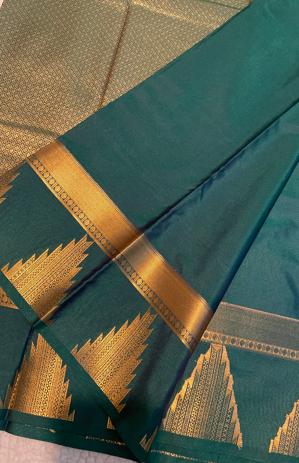 Teal Green Semi-Kanchipuram Silk Saree with Gold Zari Butta & Traditional Temple Border