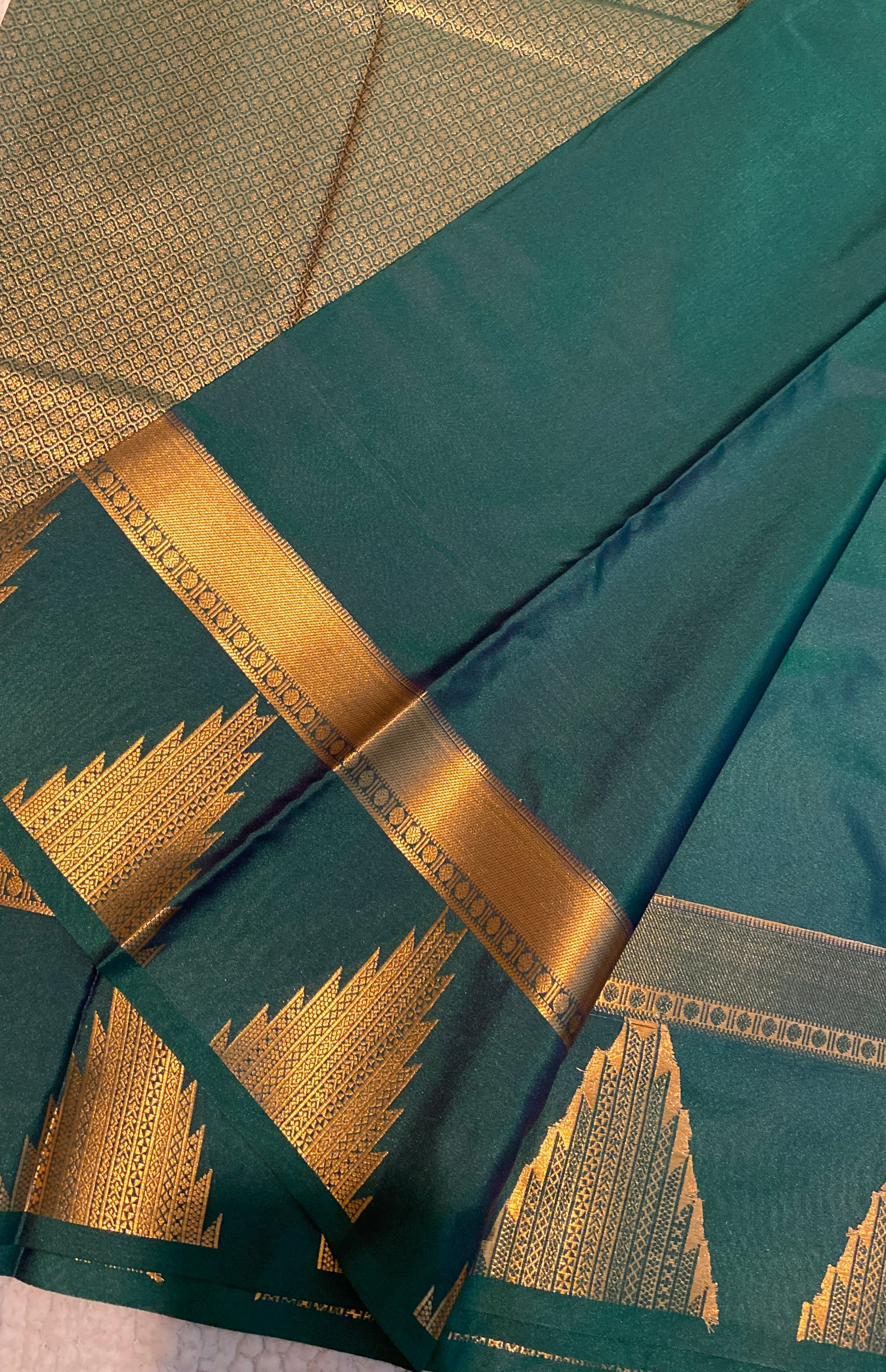 Teal Green Semi-Kanchipuram Silk Saree with Gold Zari Butta & Traditional Temple Border