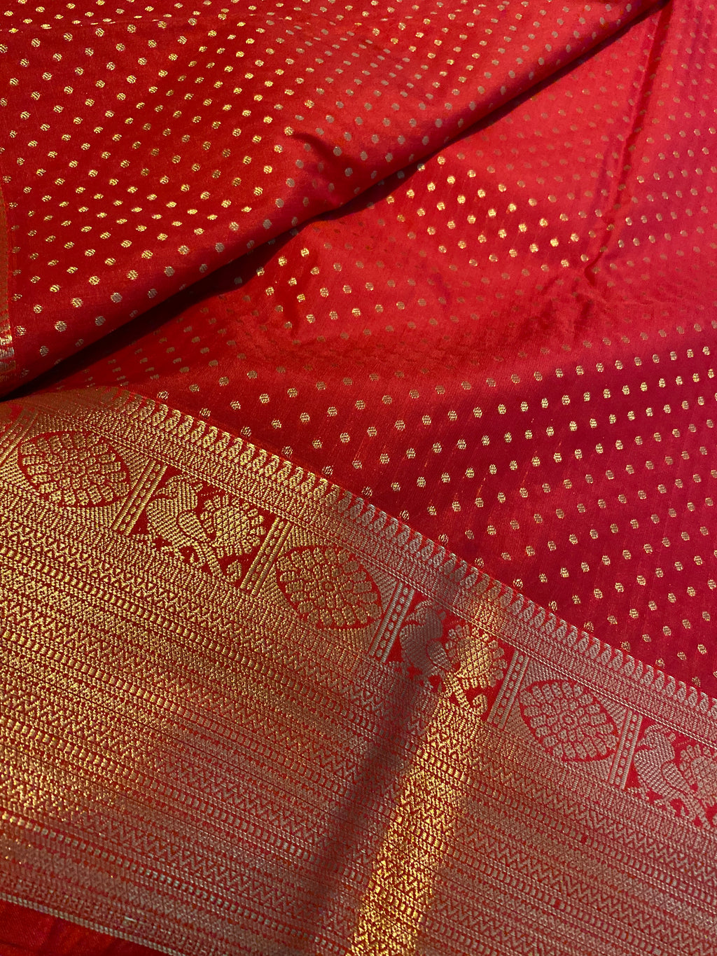 Red Semi-Kanchipuram Silk Saree with Peacock Zari Border