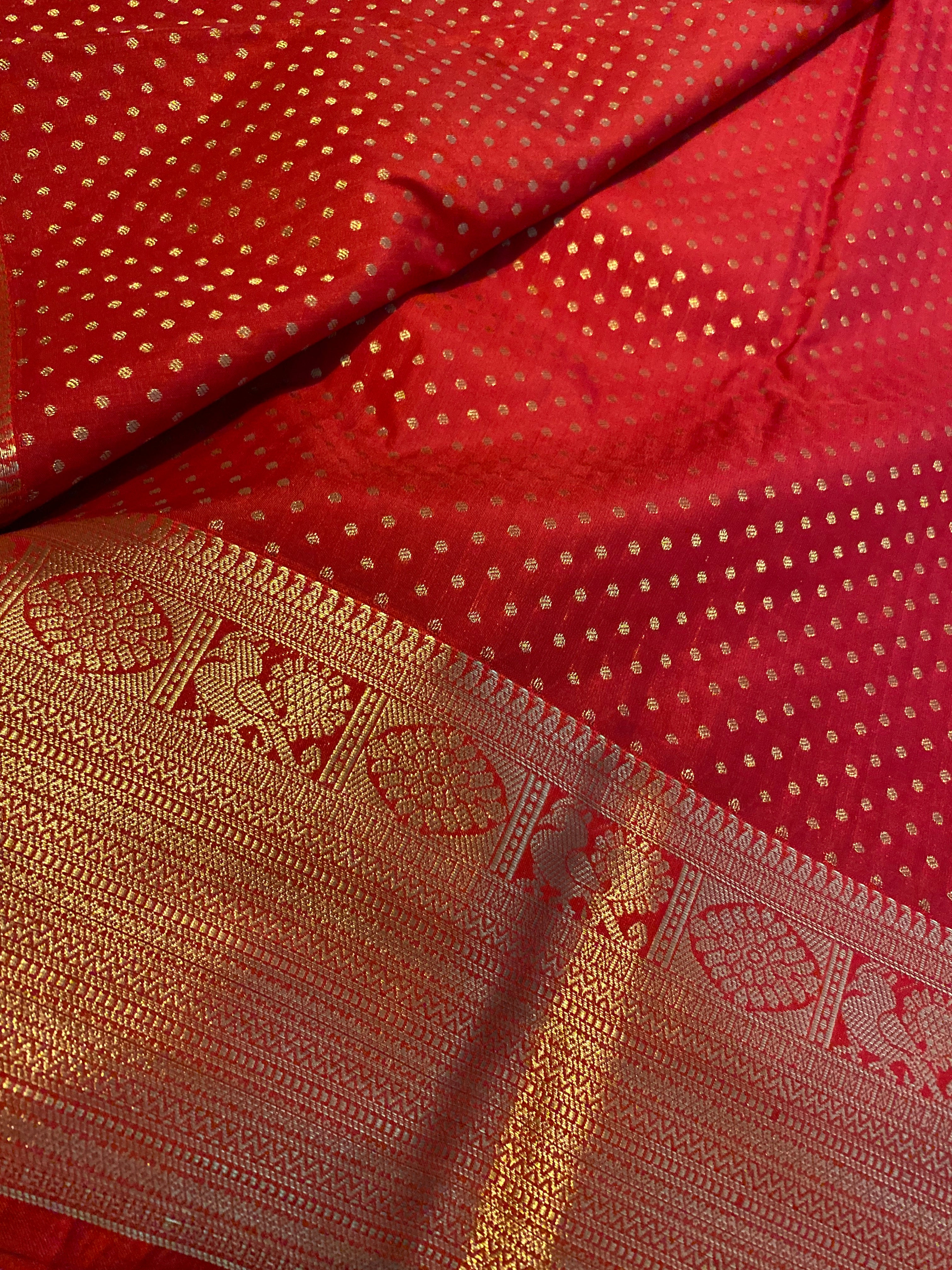 Red Semi-Kanchipuram Silk Saree with Peacock Zari Border
