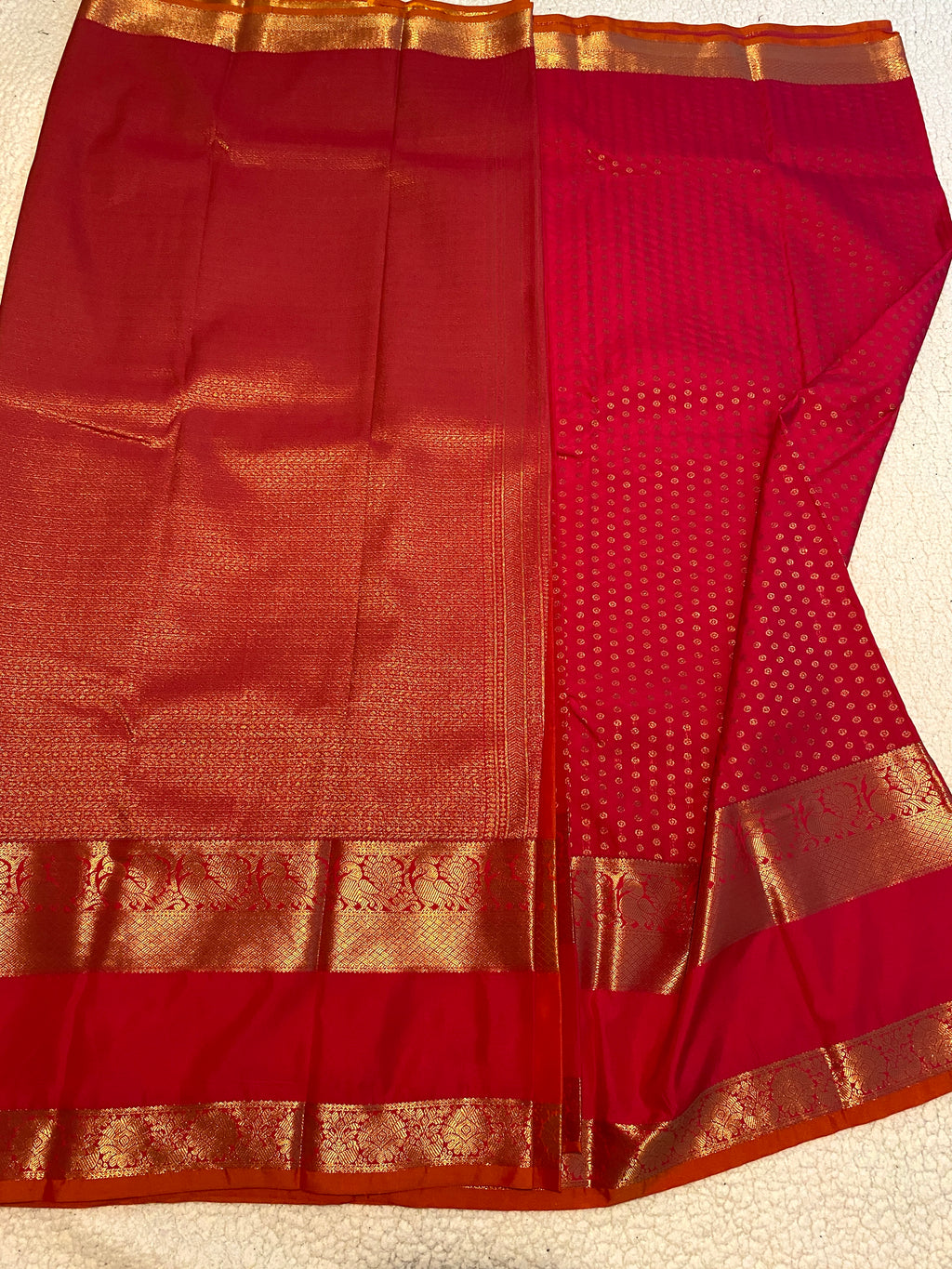 Premium Rani Pink Semi Kanchipuram Silk Saree with Gold Zari & Orange Piping Border