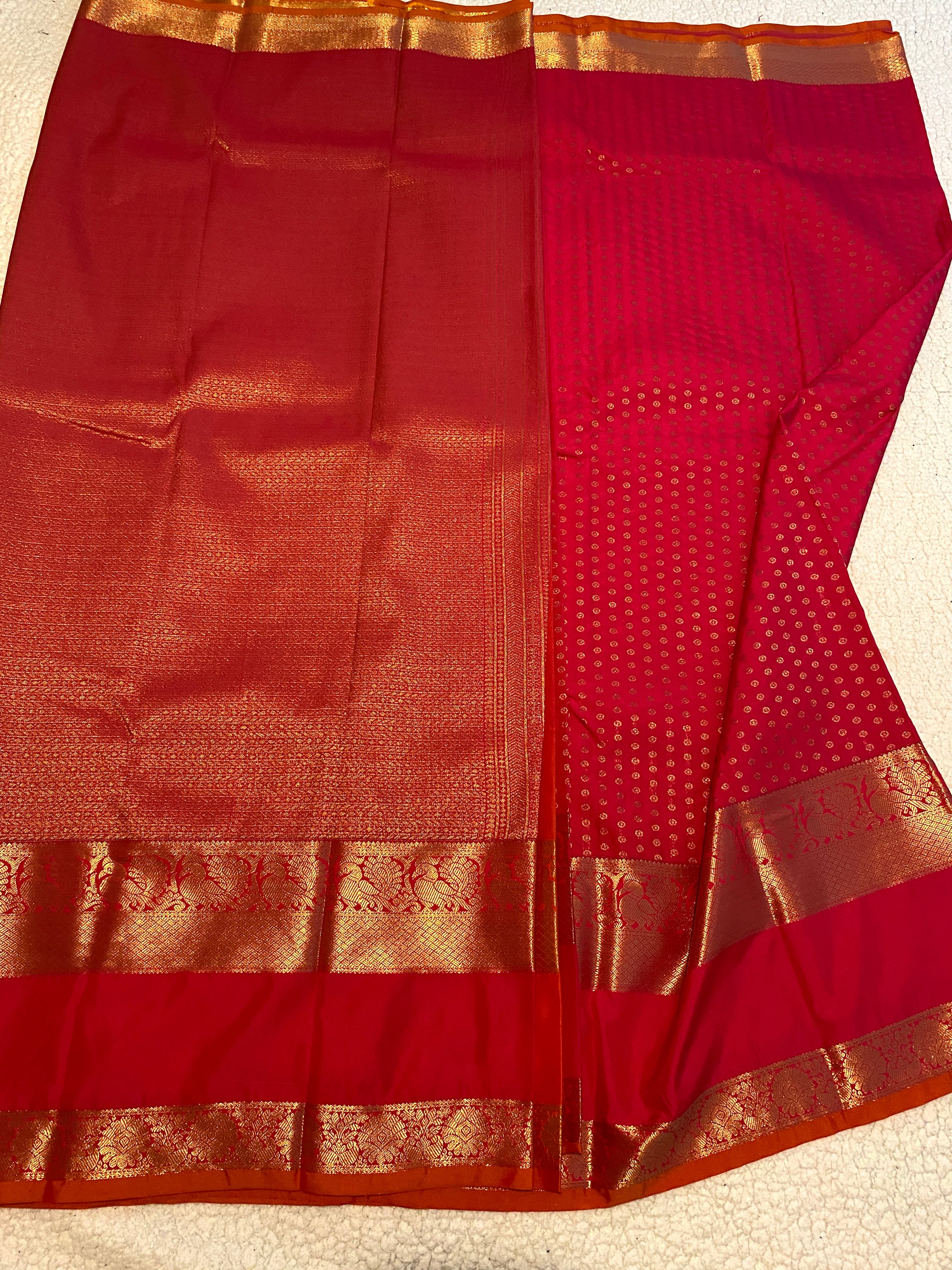 Premium Rani Pink Semi Kanchipuram Silk Saree with Gold Zari & Orange Piping Border