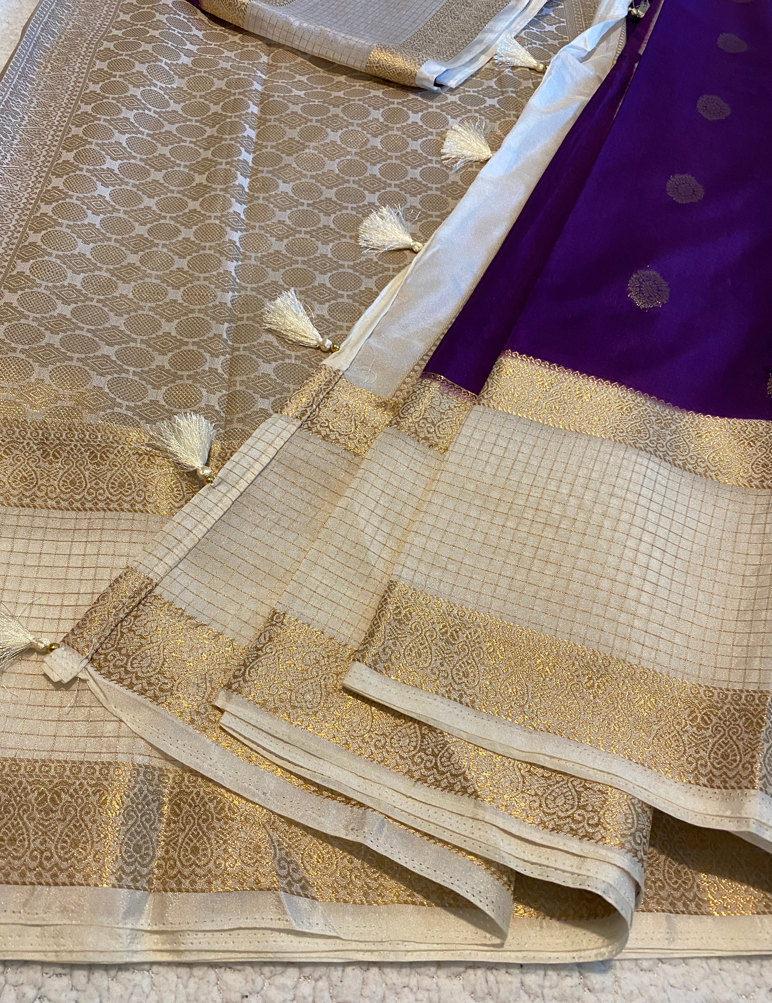 Elegant Purple & Off-White Semi Crepe Silk Saree