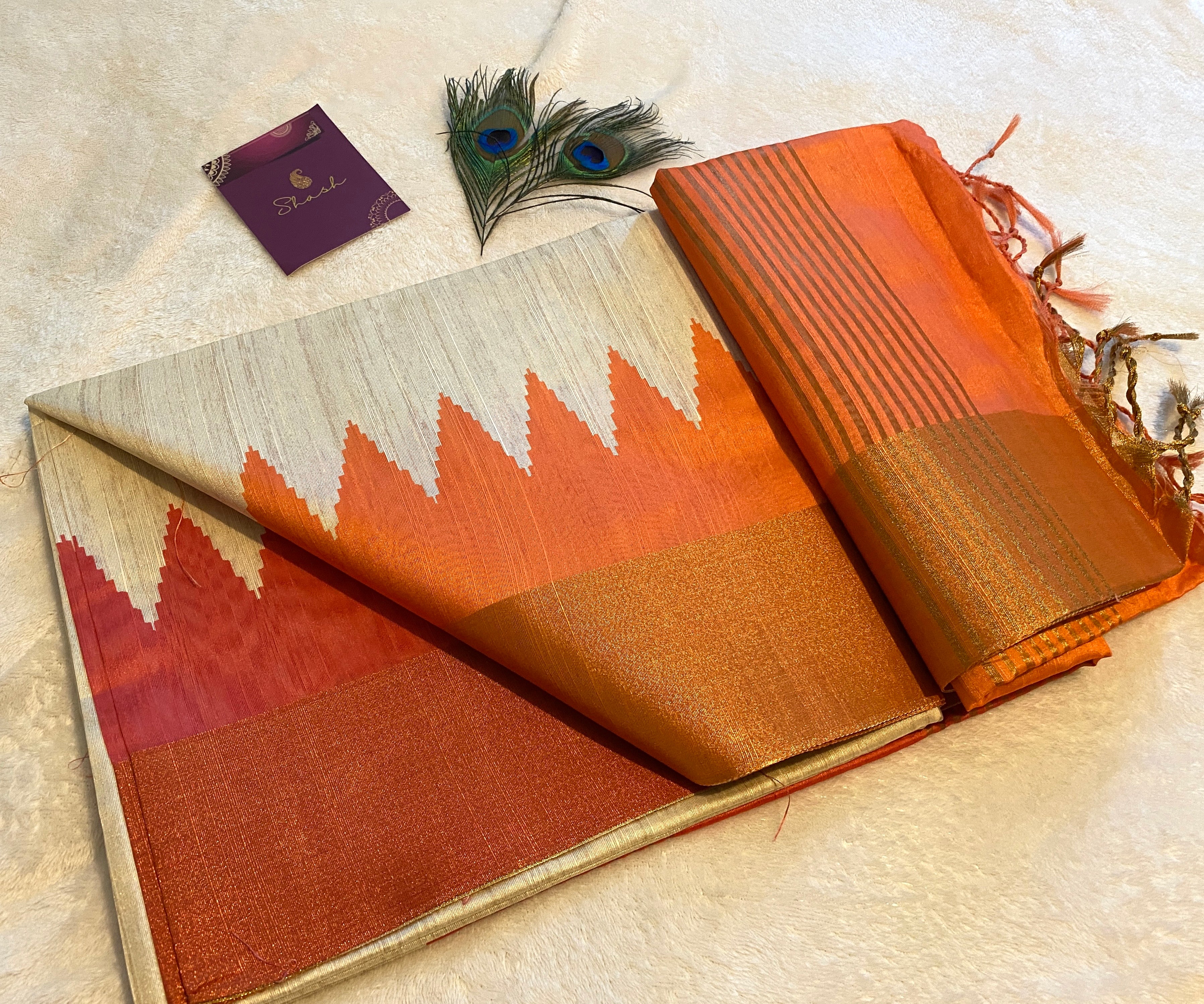 Cream Semi-Jute Tussar Saree with Ganga Jamuna Temple Border
