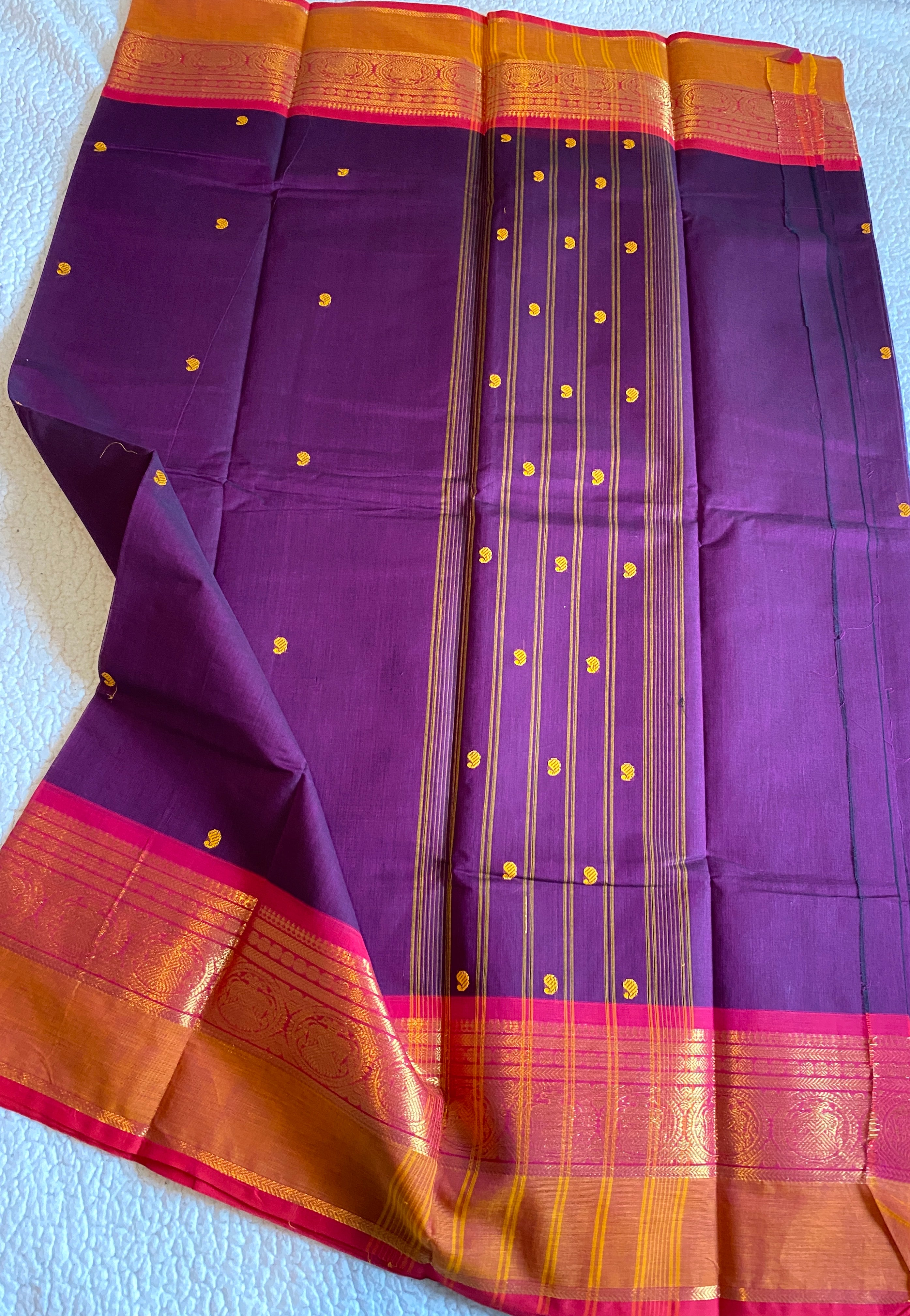 Purple Pure Kanchi Cotton Saree with Contrast Orange Border