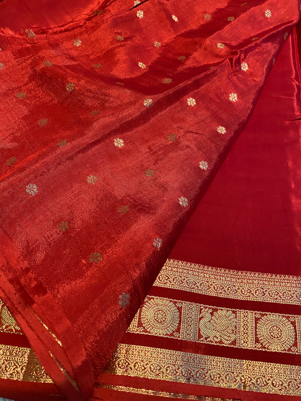 Red Satin Crepe Saree with Traditional Gold Zari Border