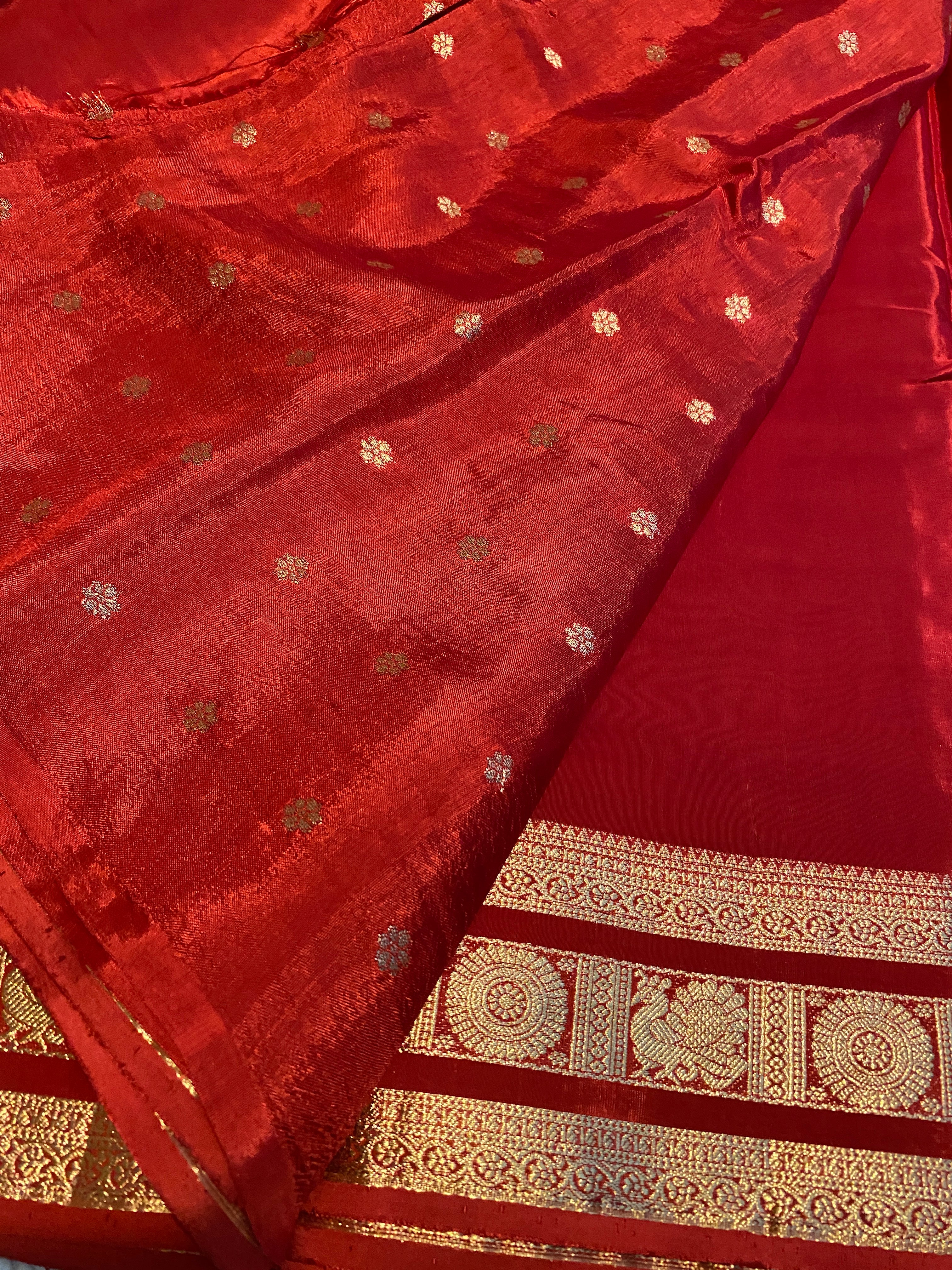 Red Satin Crepe Saree with Traditional Gold Zari Border