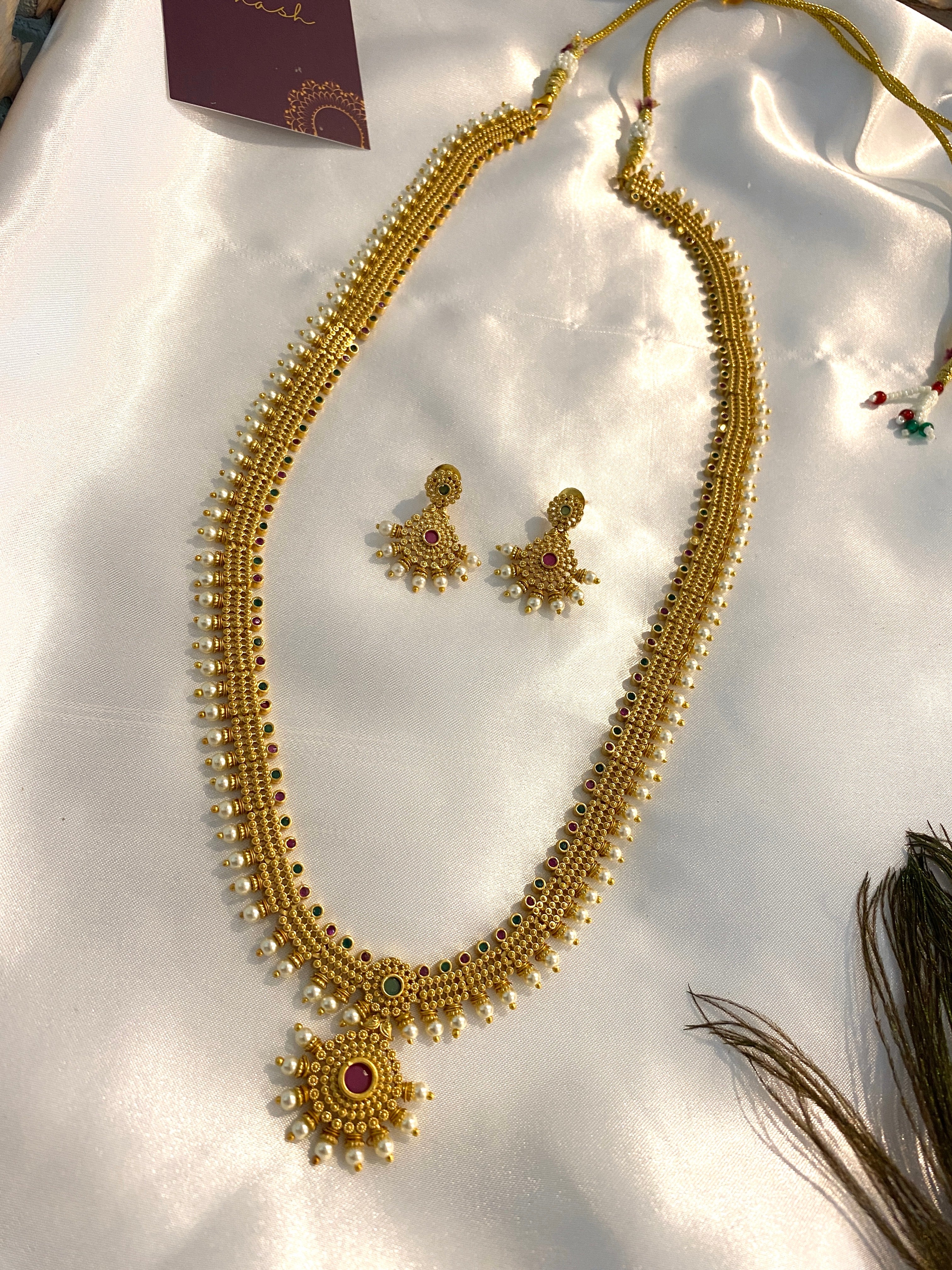 Traditional Temple Haram Necklace Set with Pearl Drops