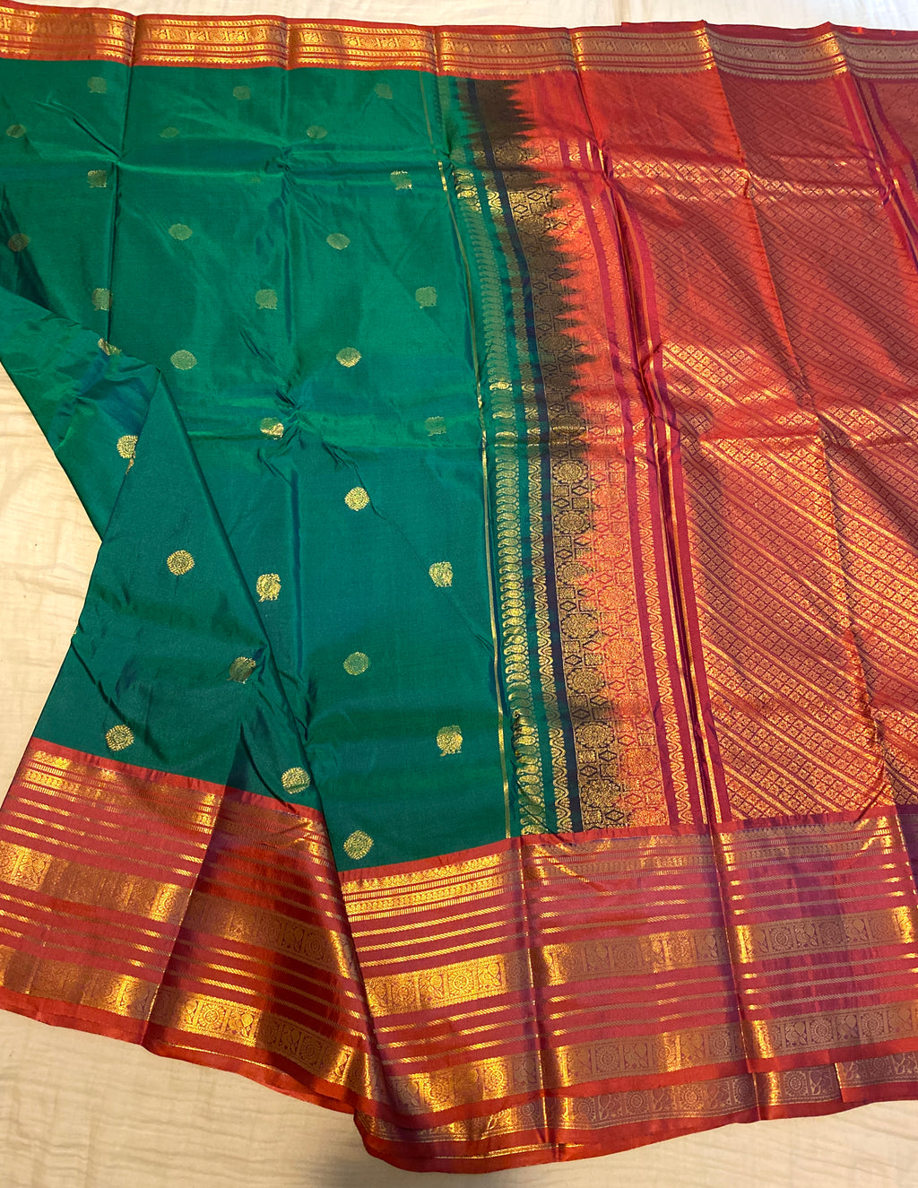Premium Green & Rust Orange Semi-Kanchipuram Silk Saree with Gold Zari