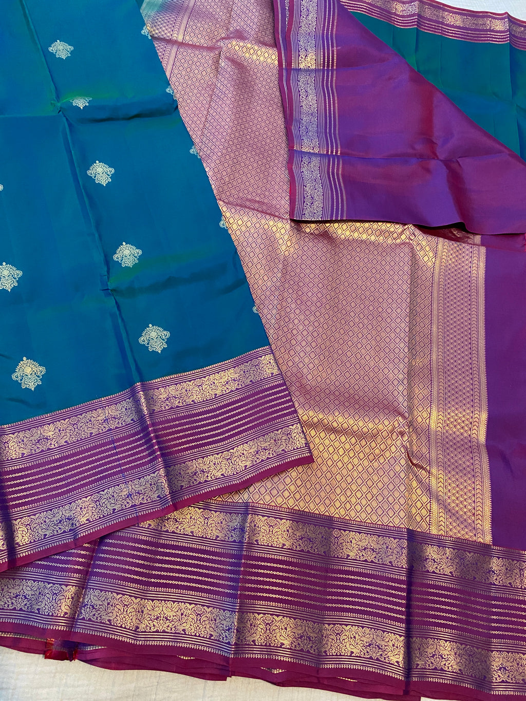 Pure Kanchipuram Silk Saree in Peacock Blue with Contrast Purple Zari Border | Silk Mark Certified