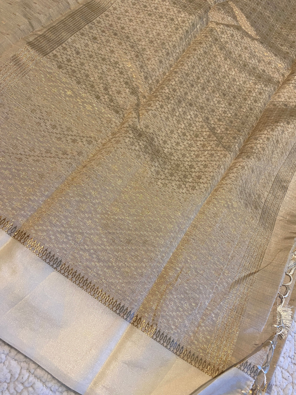 Beige Tussar Silk Saree with Satin Ivory Border & Woven Pallu