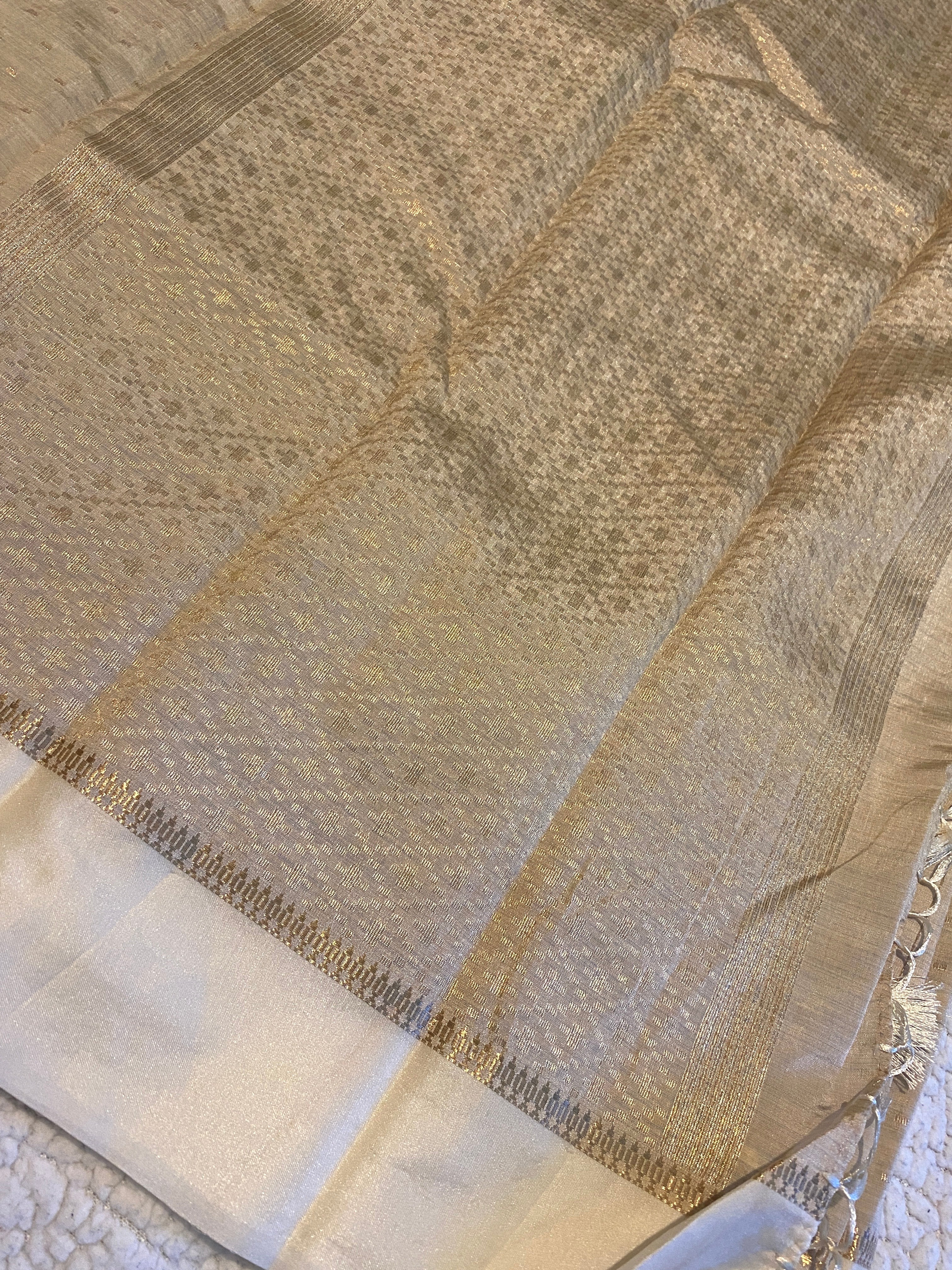 Beige Tussar Silk Saree with Satin Ivory Border & Woven Pallu