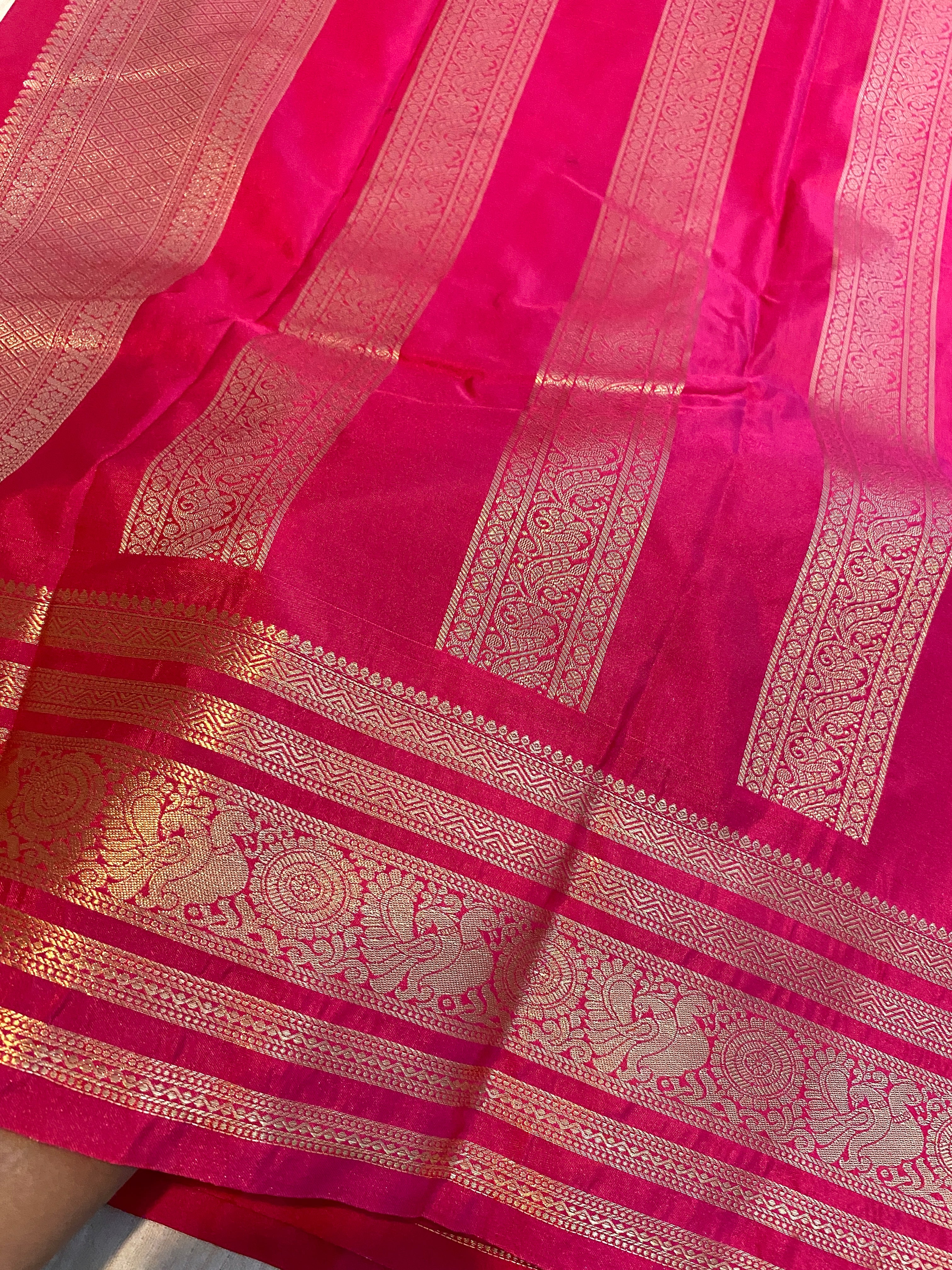 Rani Pink Premium Semi-Kanchipuram Silk Saree with Gold Zari Border & Traditional Pallu
