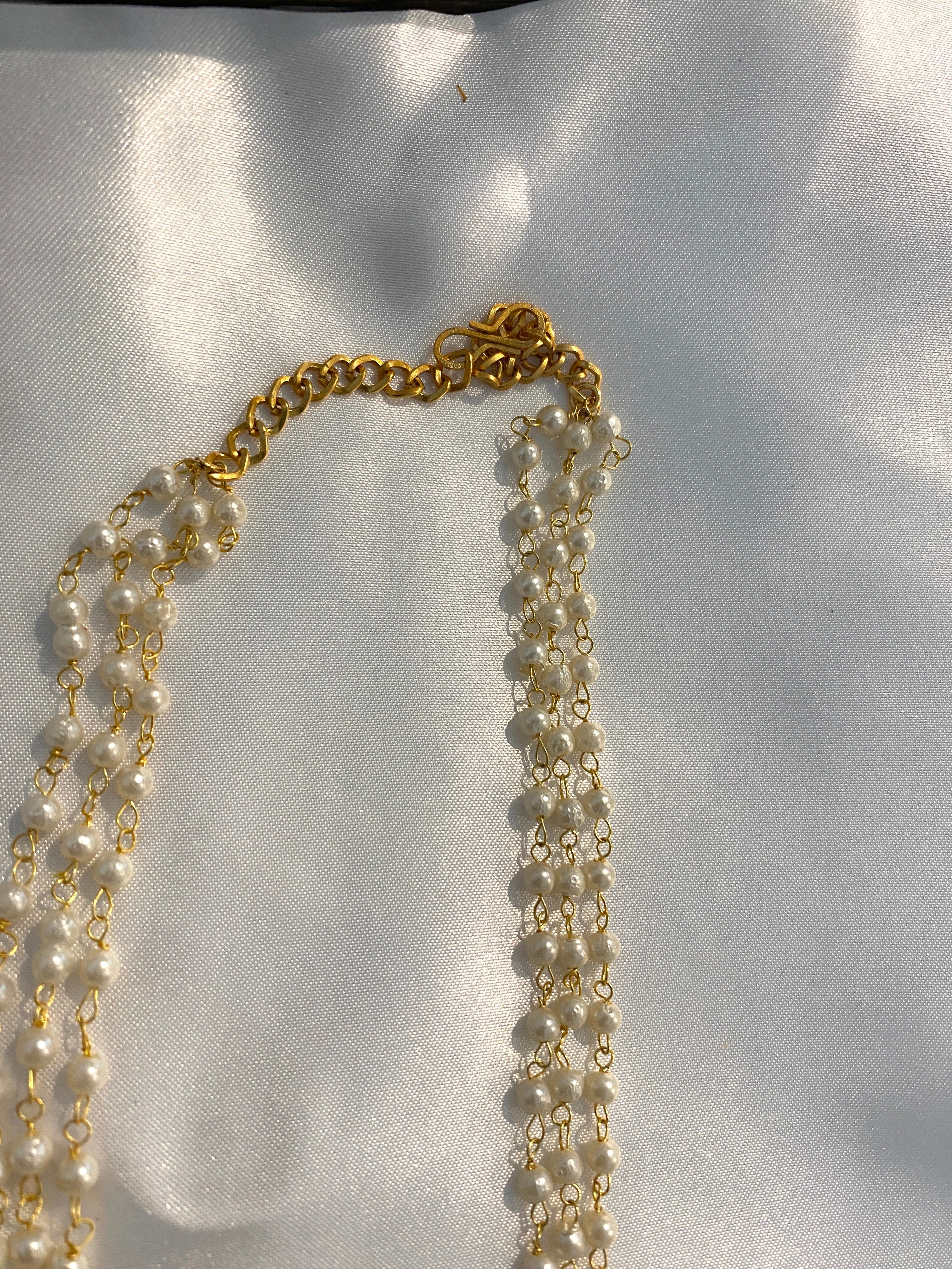 Pearl Design Long Haram Set | Floral Stone Pendant