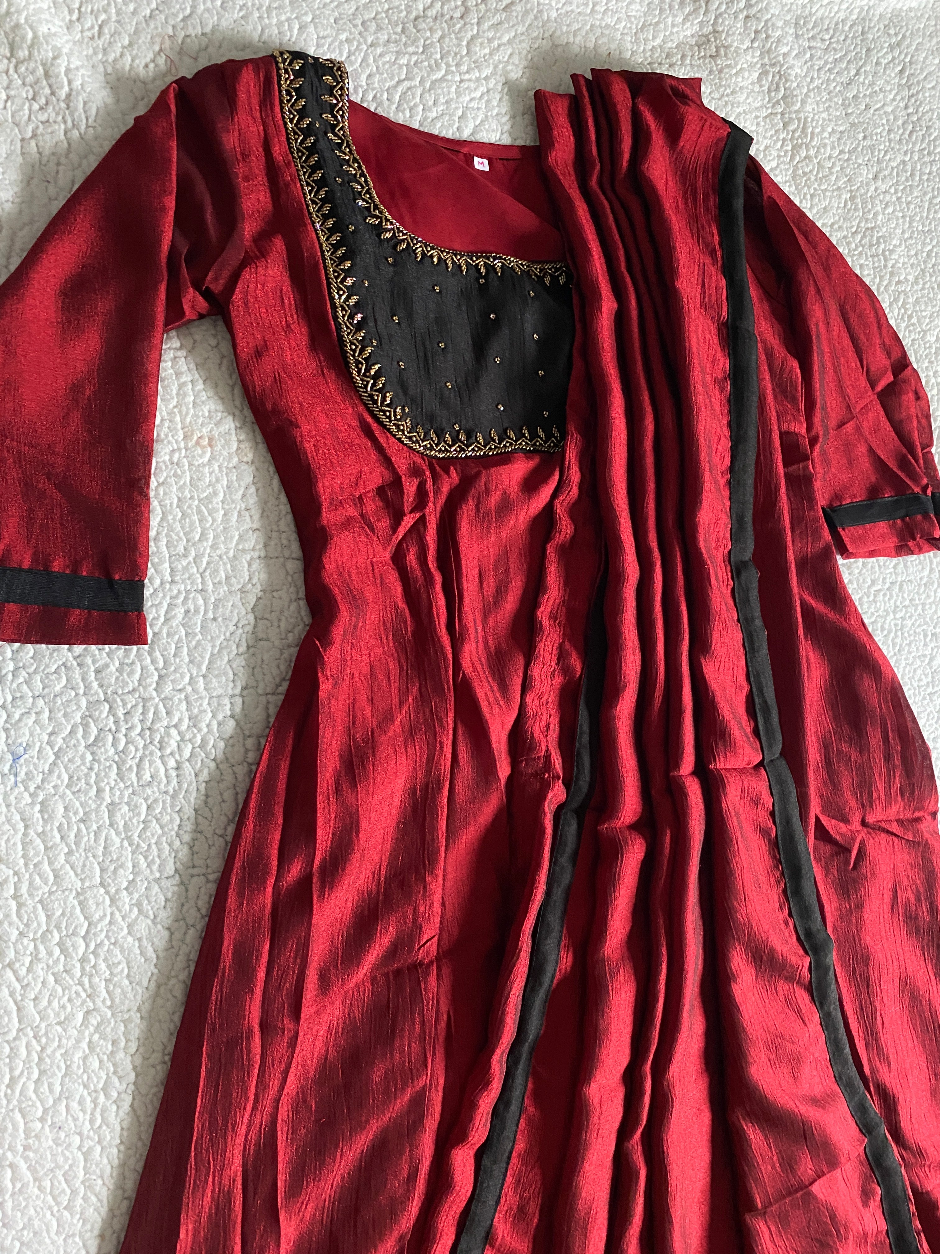 Maroon Handworked Semi-Raw Silk A-Line Top with Dupatta