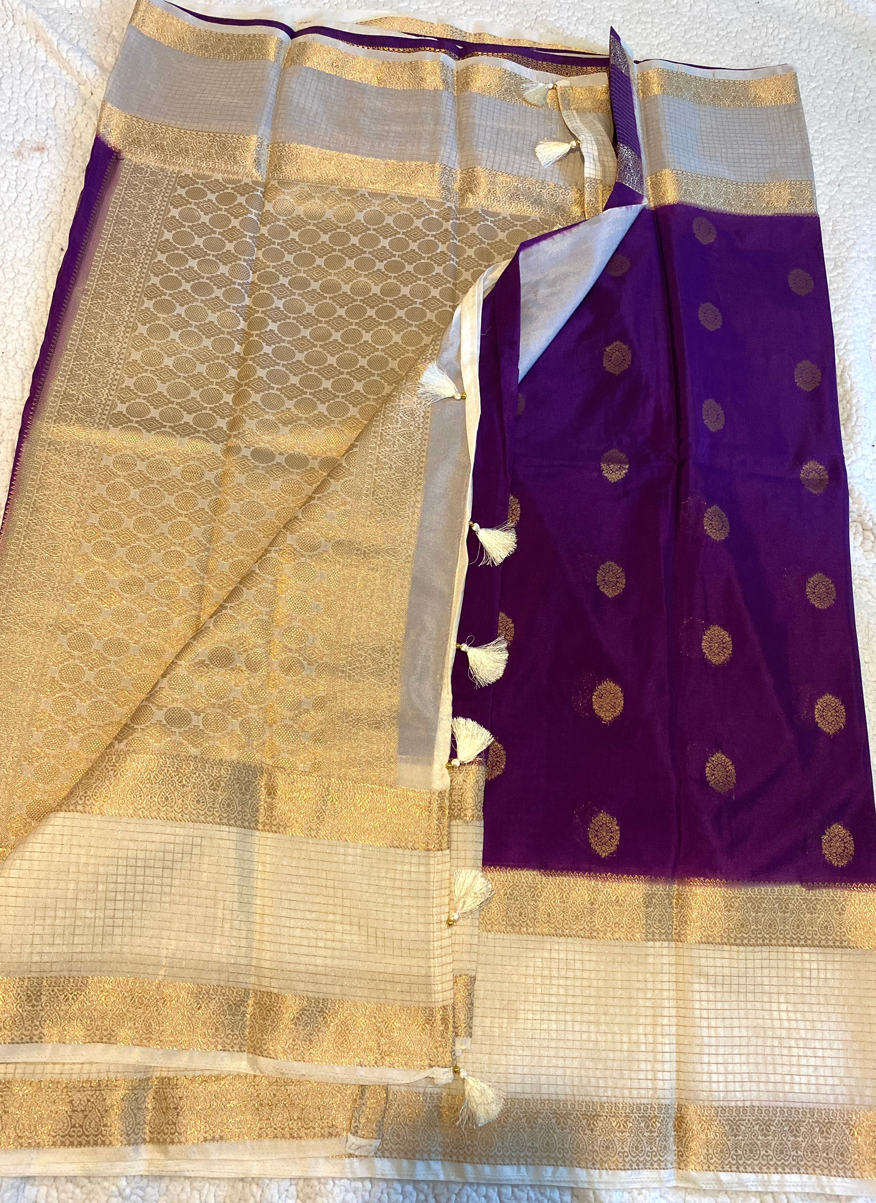 Elegant Purple & Off-White Semi Crepe Silk Saree