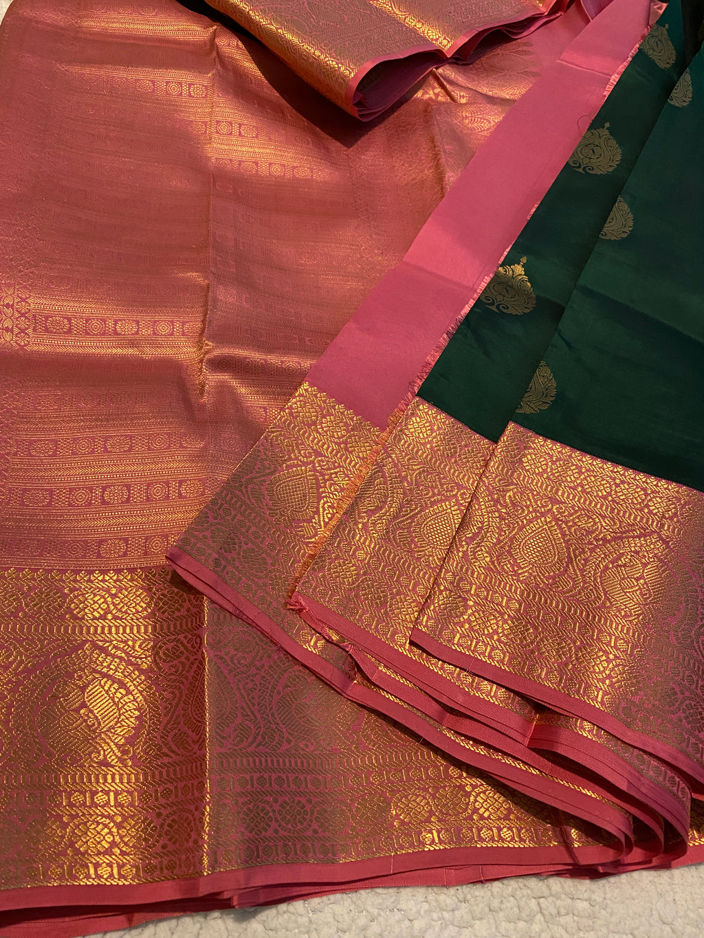 Pure Kanchipuram Silk Saree | Emerald Green with Pink Gold Zari Border