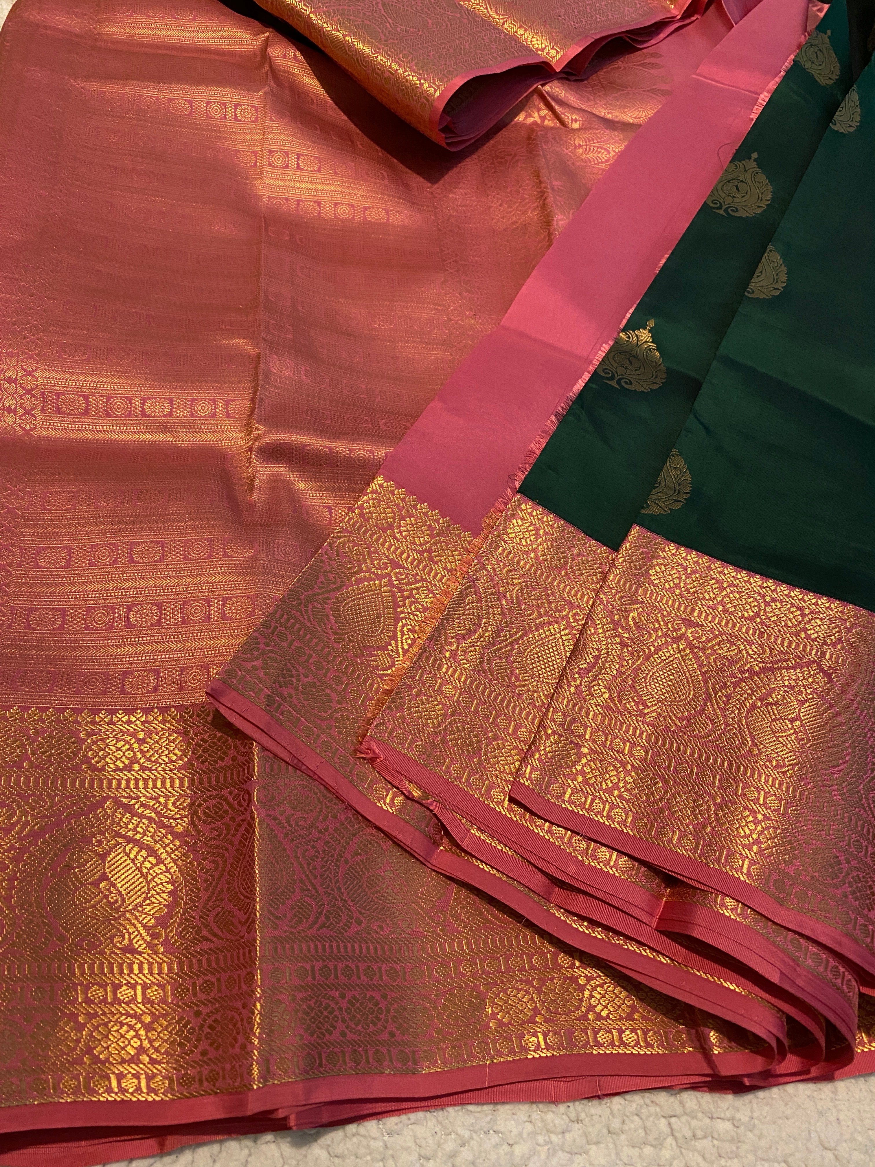Pure Kanchipuram Silk Saree | Emerald Green with Pink Gold Zari Border