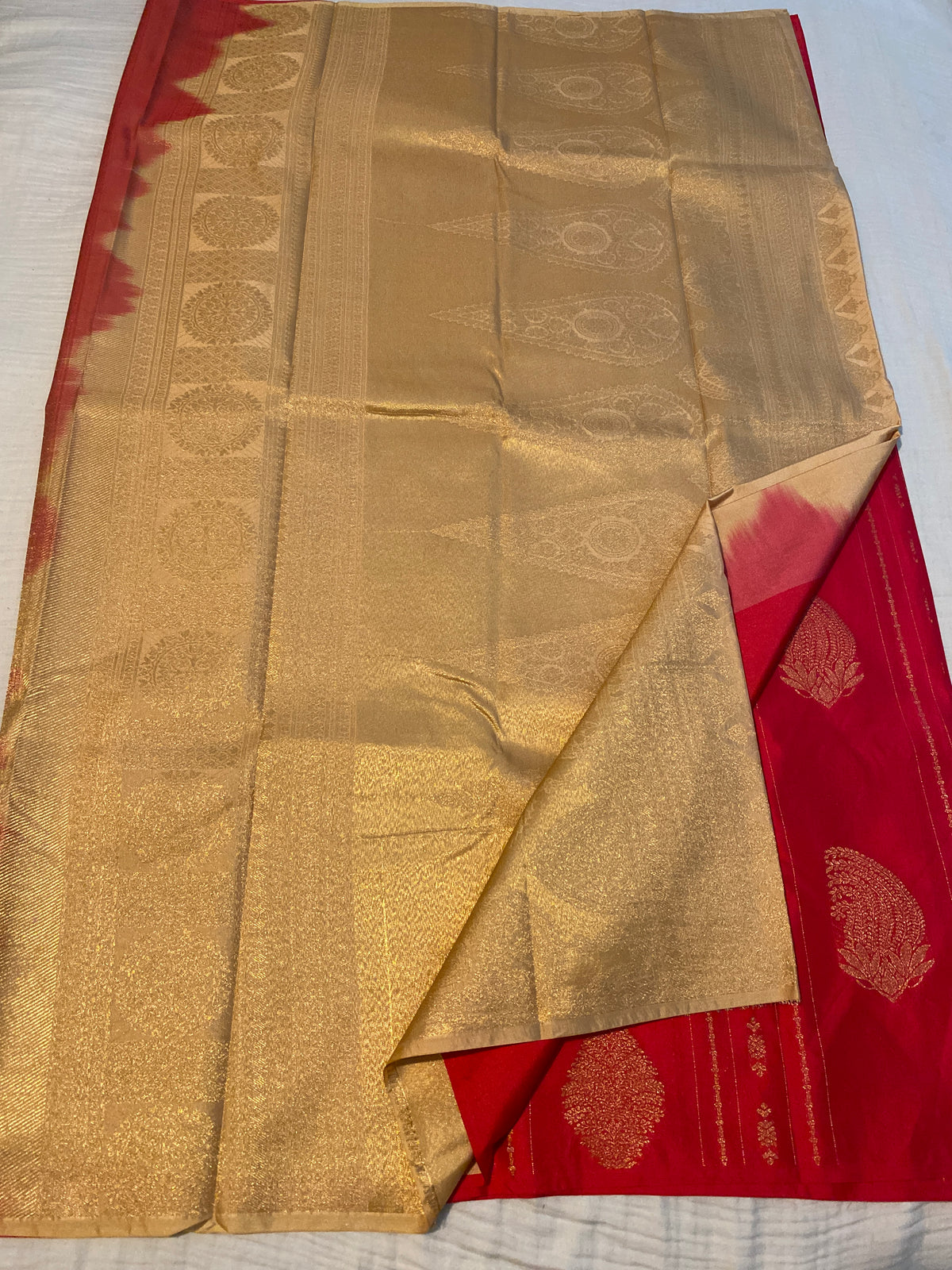 Red Semi-Kanchipuram Silk Saree with Gold Zari Motifs & Rich Woven Pallu