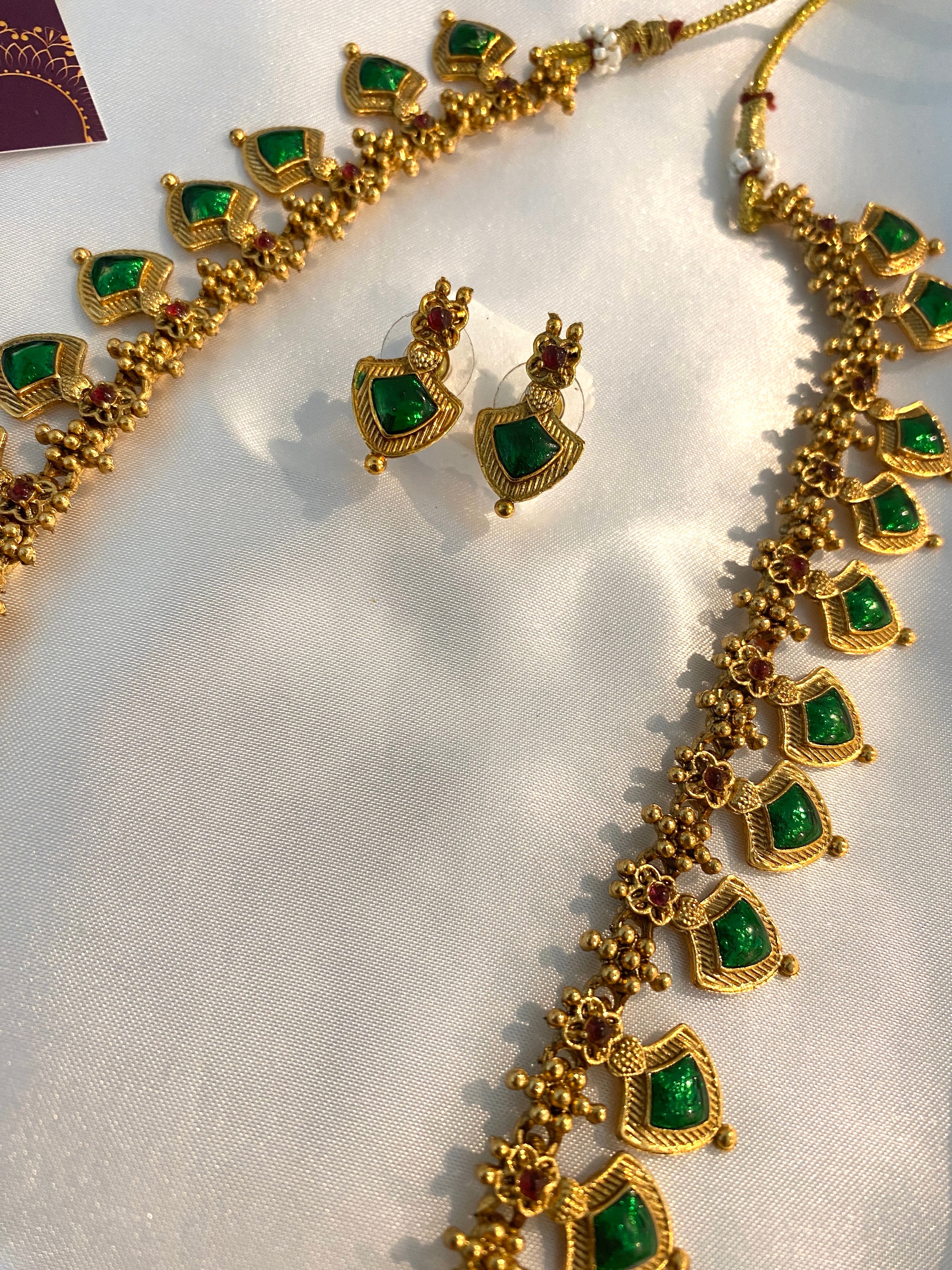 Green Palakka Haram Necklace Set | Traditional Kerala Jewelry