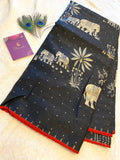 Black Fancy Cotton Saree with Elephant Motif | Elegant Ethnic Wear with Contrast Red Border