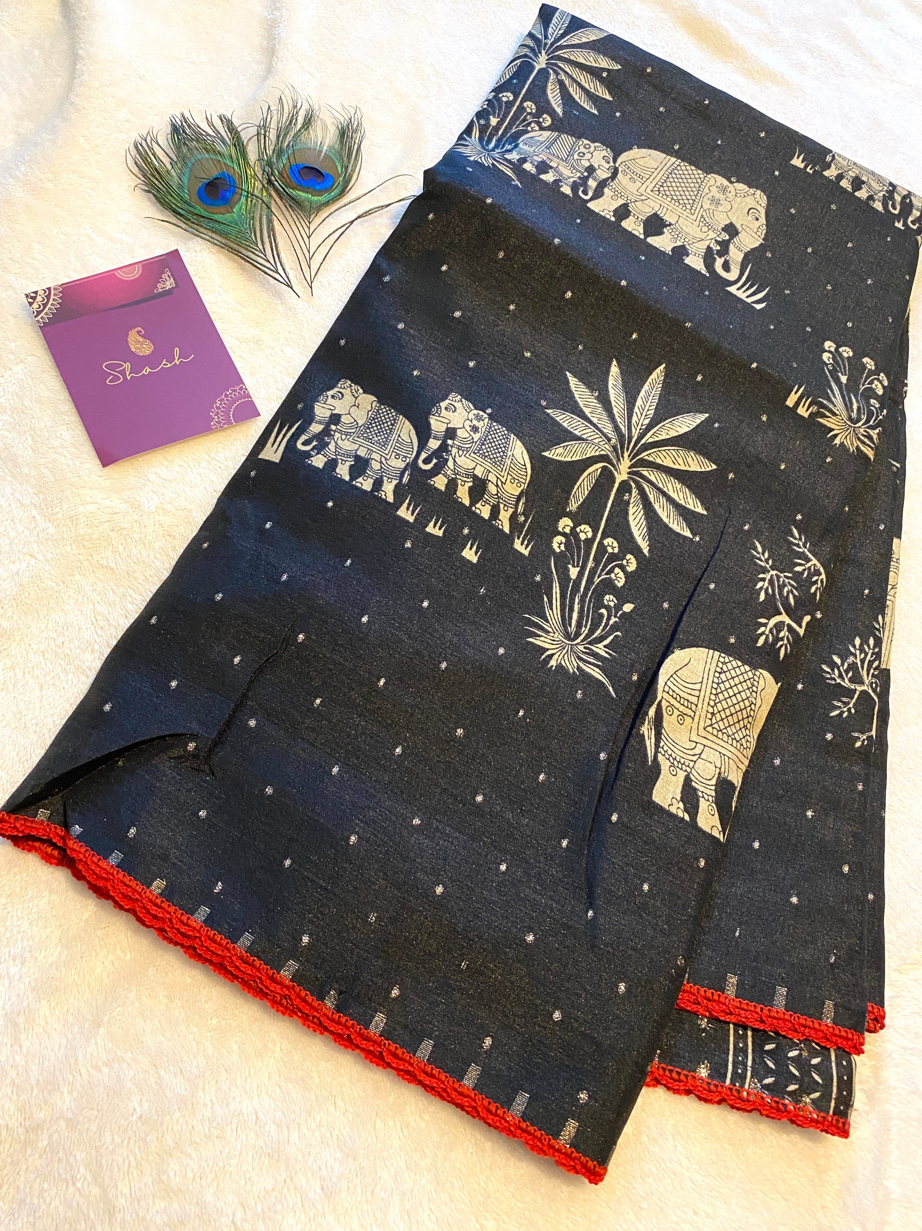 Black Fancy Cotton Saree with Elephant Motif | Elegant Ethnic Wear with Contrast Red Border
