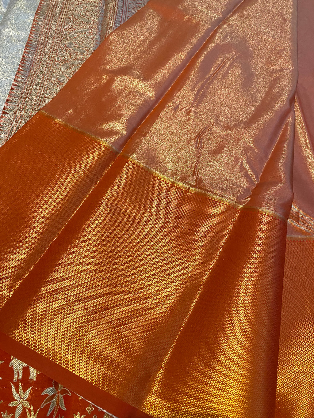 Light Peach Semi-Kanchipuram Silk Saree with Red Floral Zari Border
