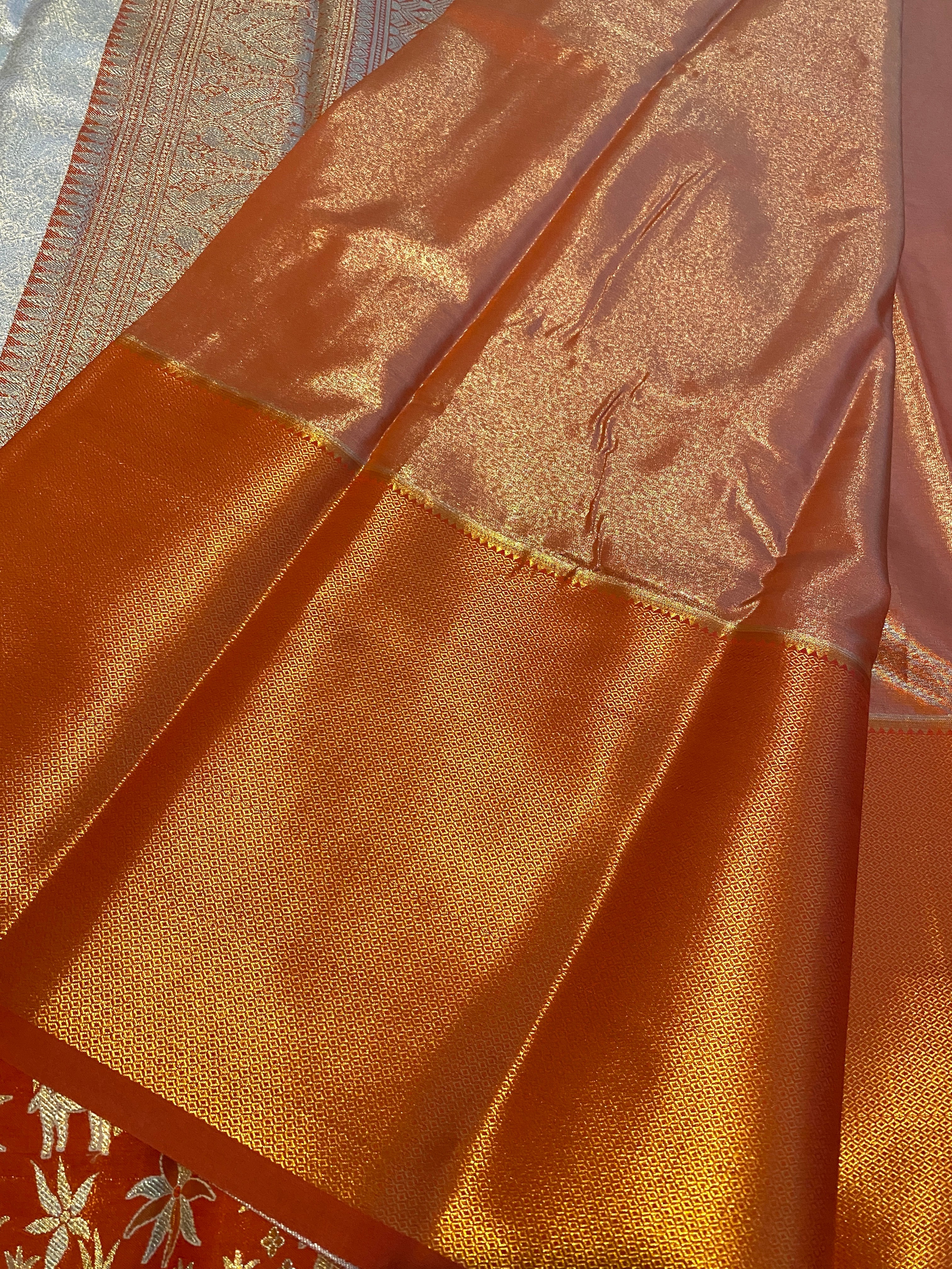 Light Peach Semi-Kanchipuram Silk Saree with Red Floral Zari Border