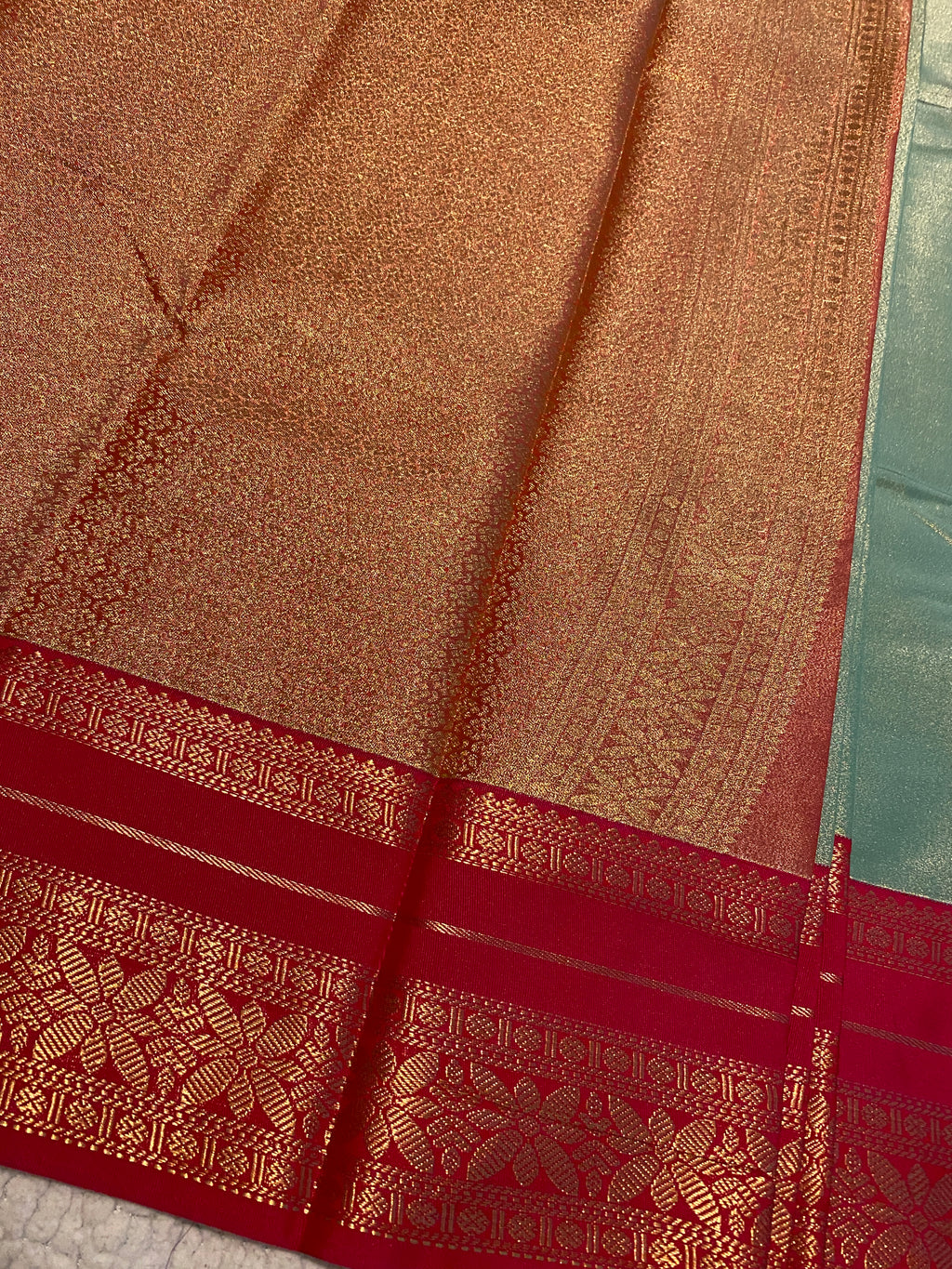 Shimmering Sage Green & Rani Pink Semi-Kanchipuram Silk Saree with Gold Zari Border