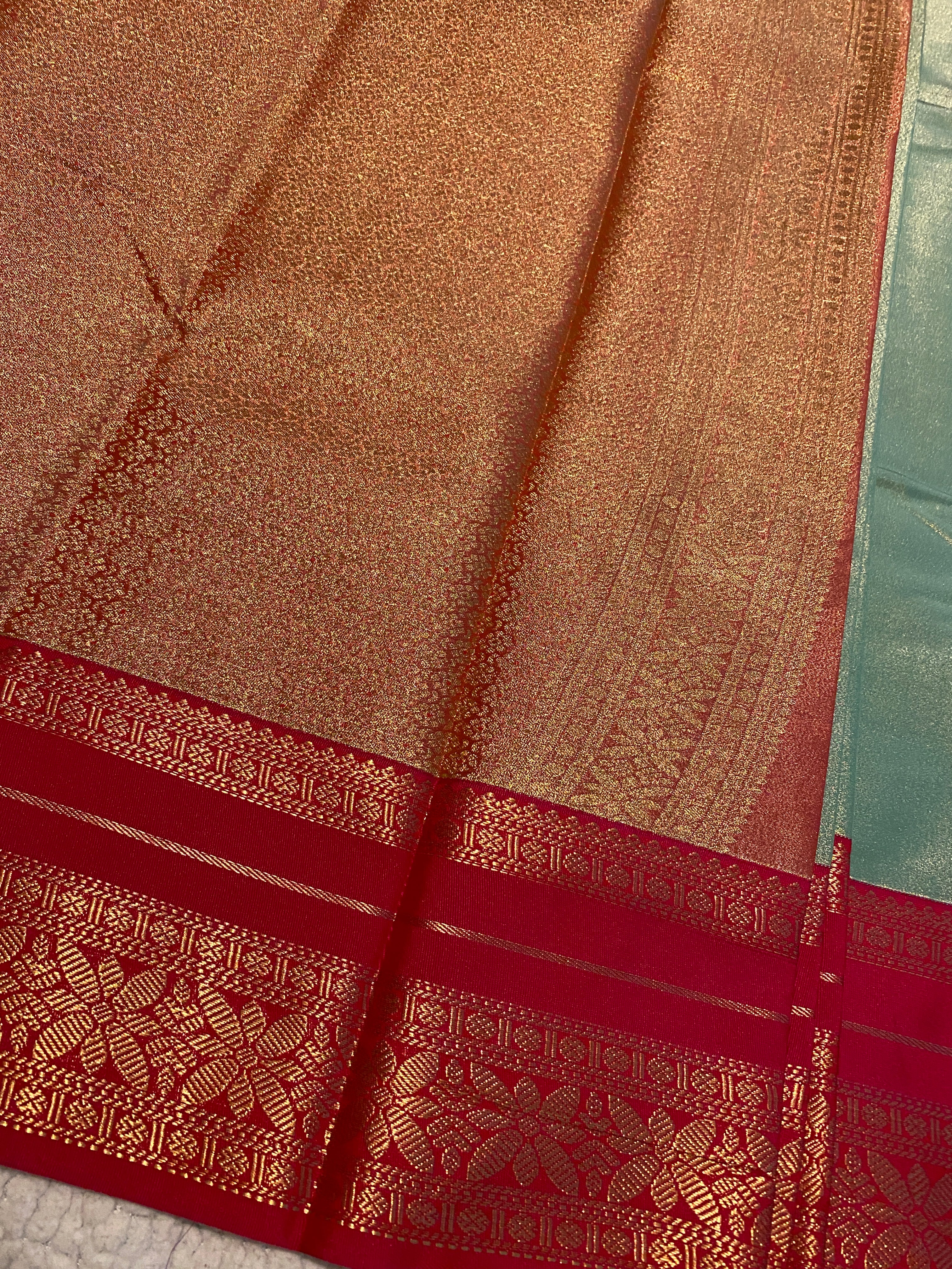 Shimmering Sage Green & Rani Pink Semi-Kanchipuram Silk Saree with Gold Zari Border