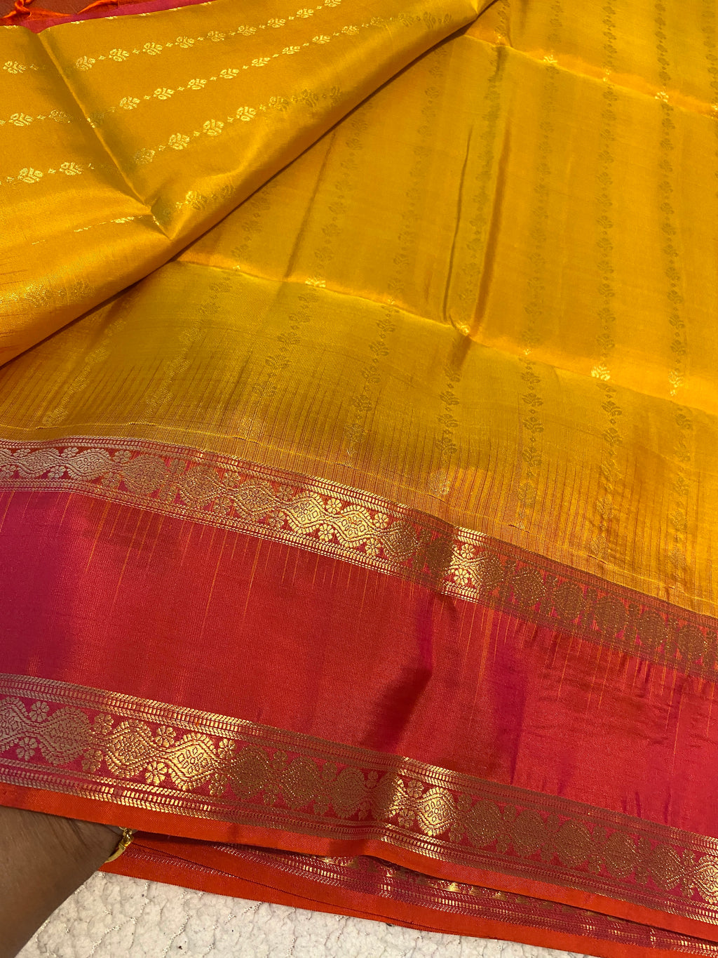 Pure Kanchipuram Soft Silk Saree | Mustard Yellow with Reddish Orange Border