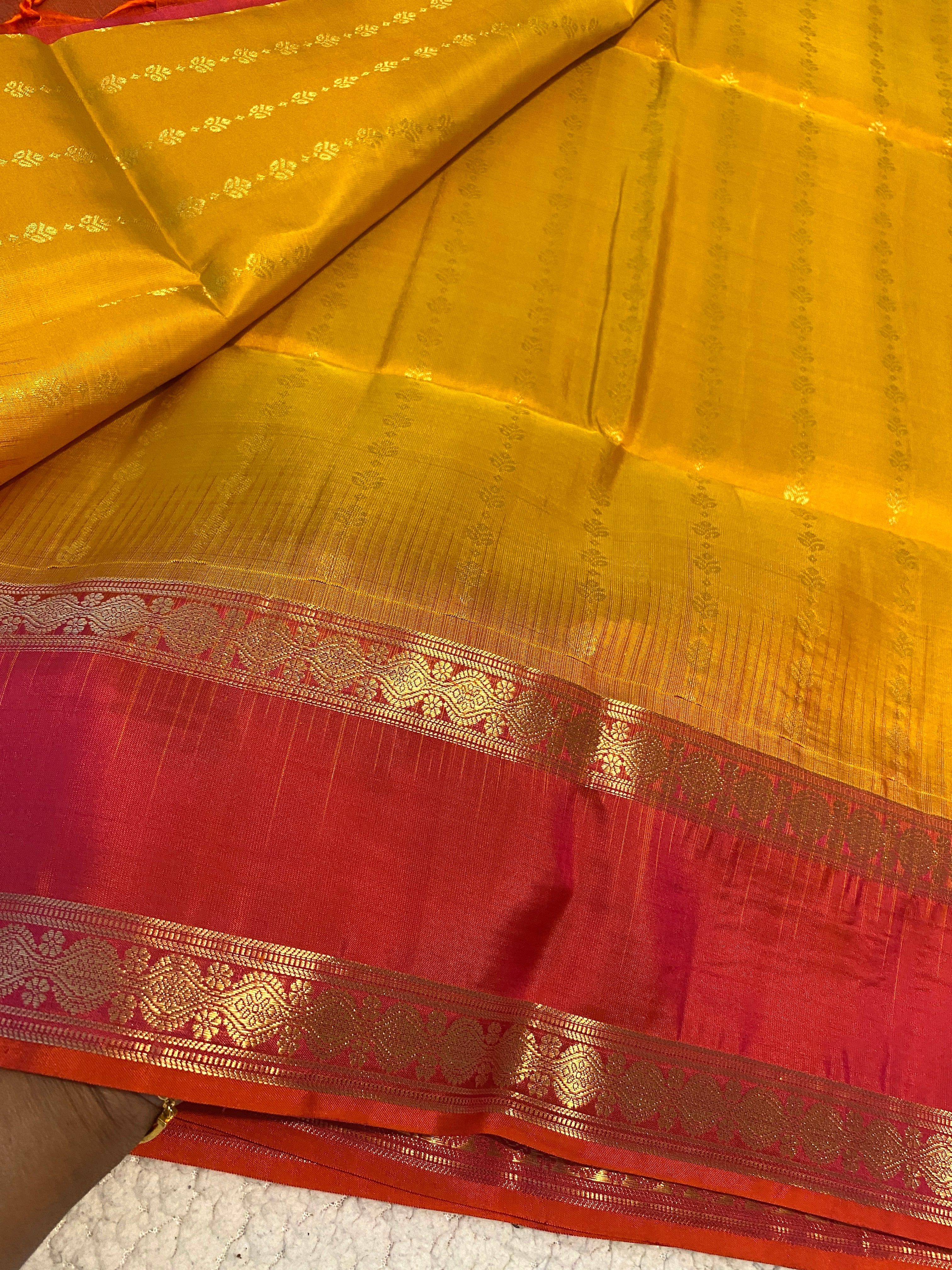 Pure Kanchipuram Soft Silk Saree | Mustard Yellow with Reddish Orange Border