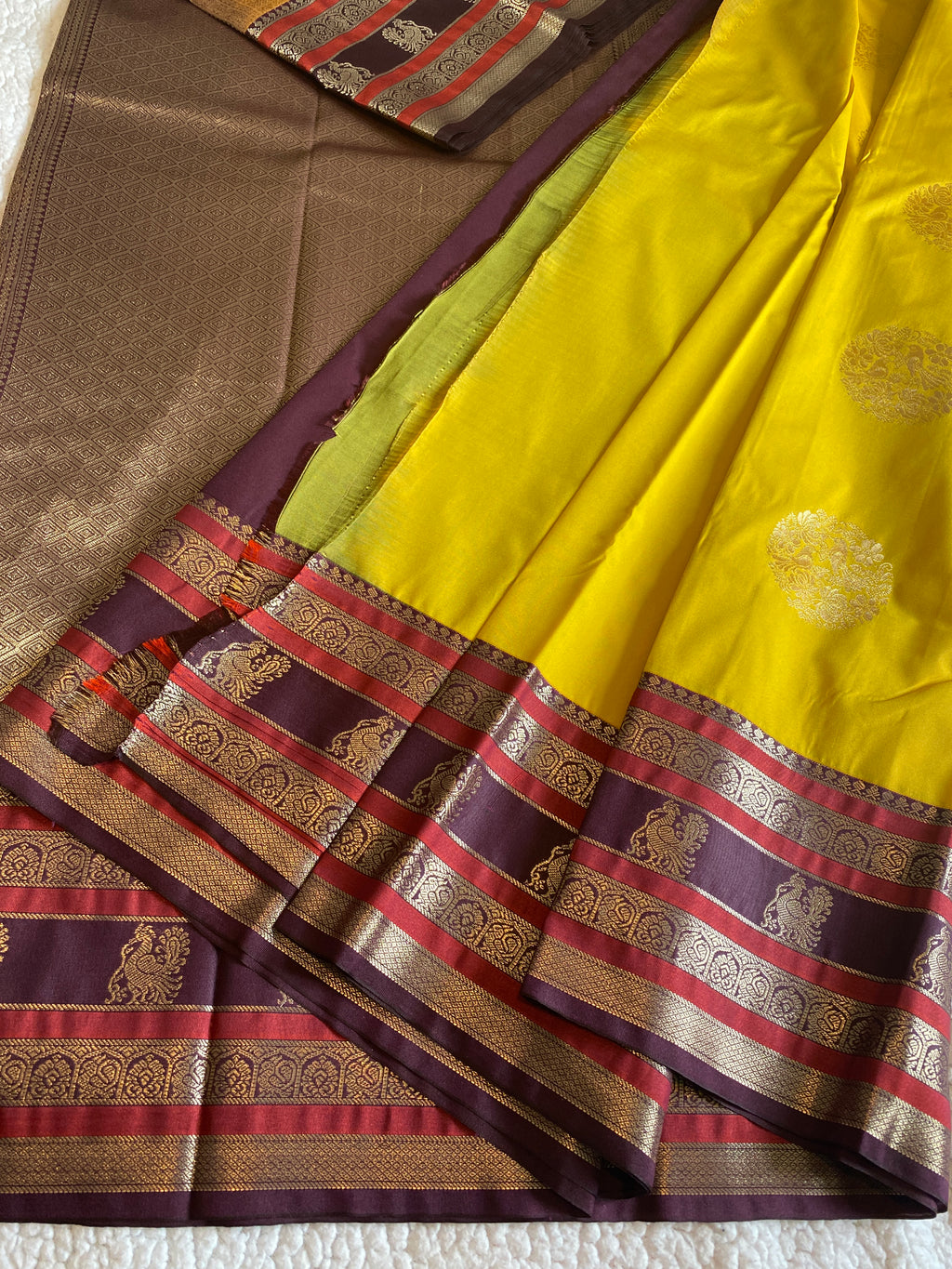 Golden Yellow & Deep Plum Semi-Kanchipuram Silk Saree with Peacock Zari Motifs