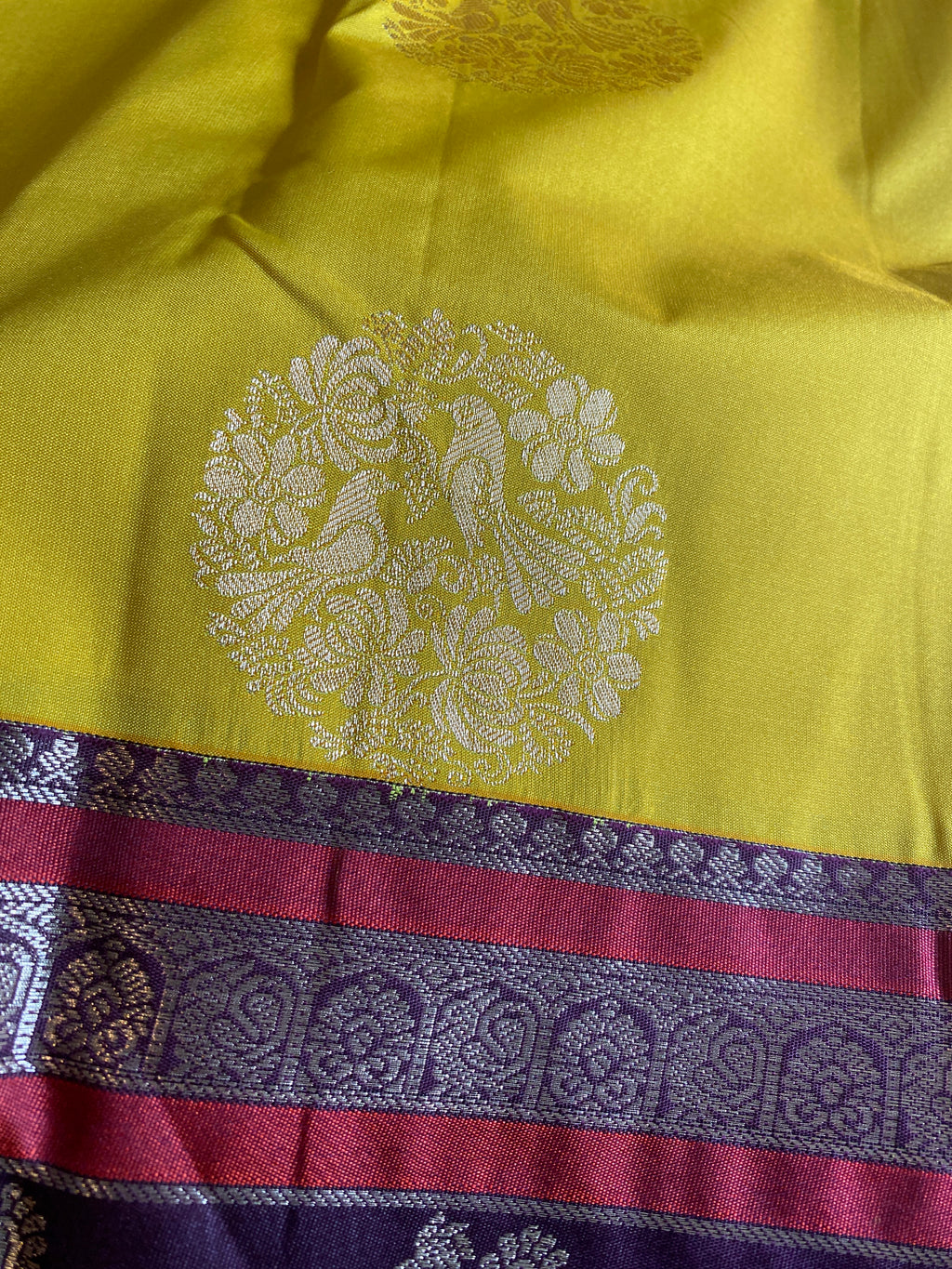 Golden Yellow & Deep Plum Semi-Kanchipuram Silk Saree with Peacock Zari Motifs